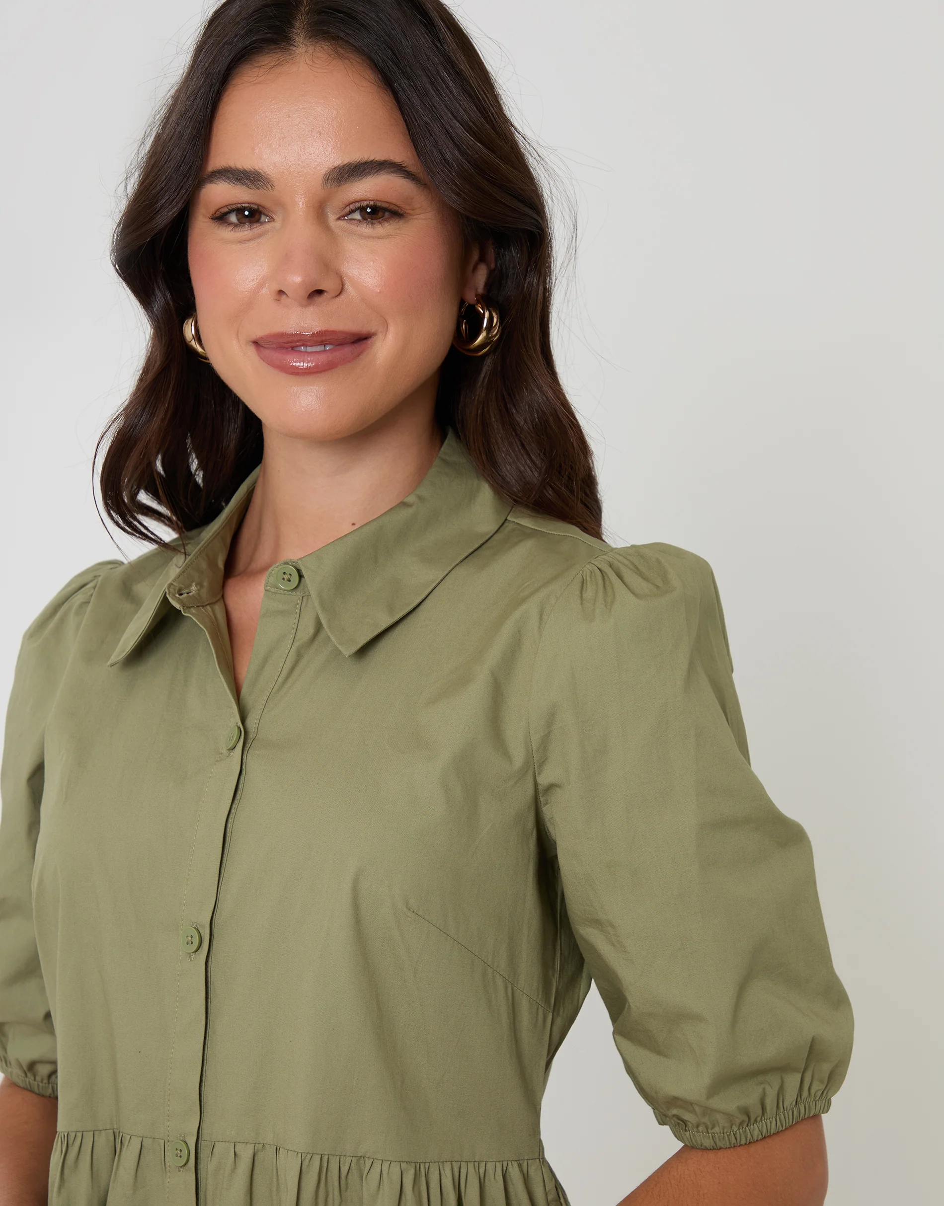 Tiered Cotton Poplin Button Up Mini Dress in Olive Green - Image 4