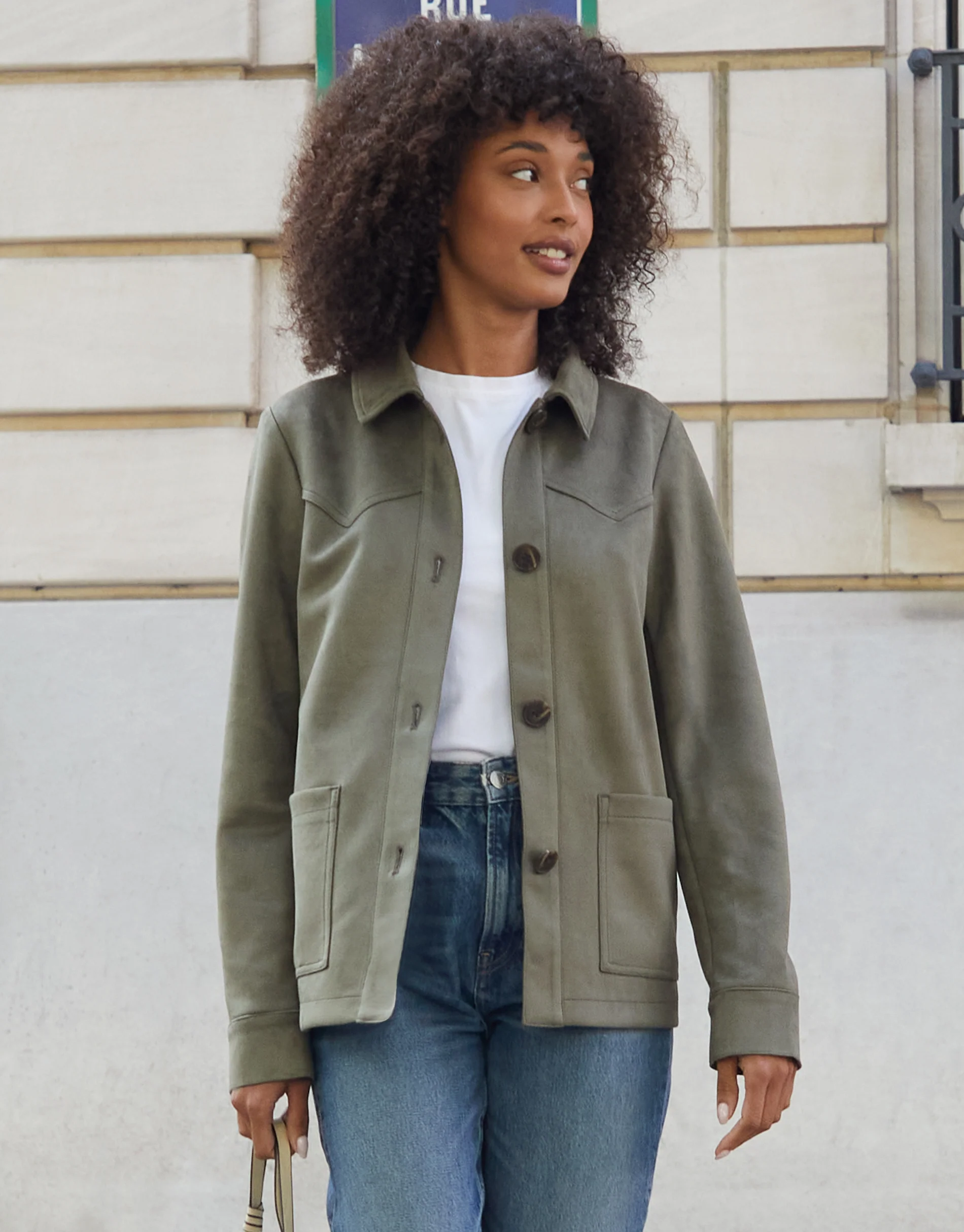 Yoke Detail Suedette Shacket in Olive Green