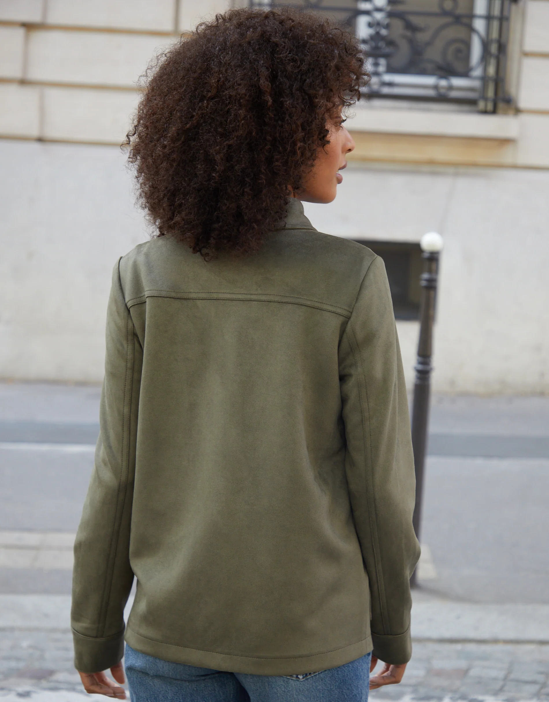 Yoke Detail Suedette Shacket in Olive Green - Image 2