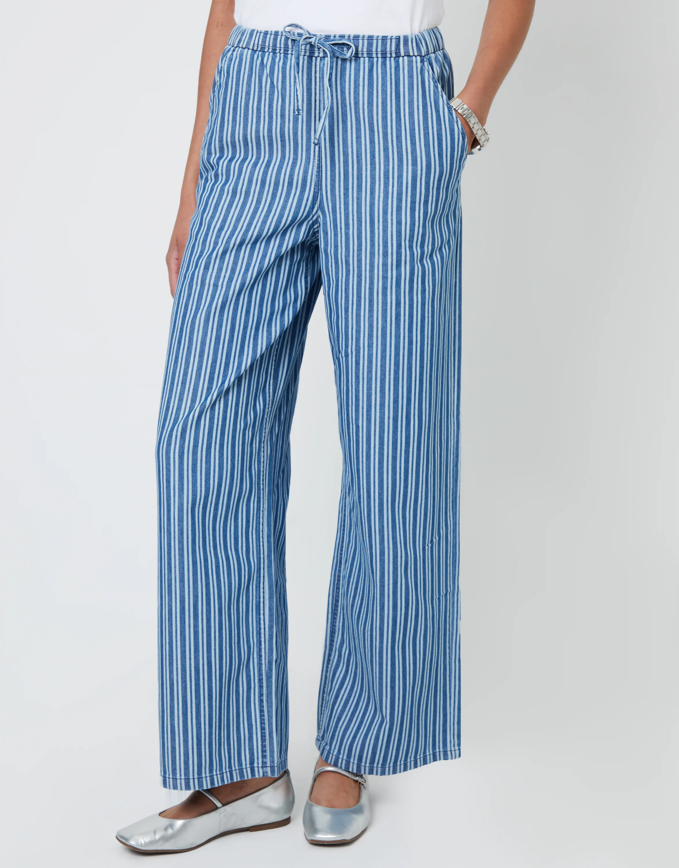 Petite Baggy Leg Denim Trousers in Mid Wash Stripe