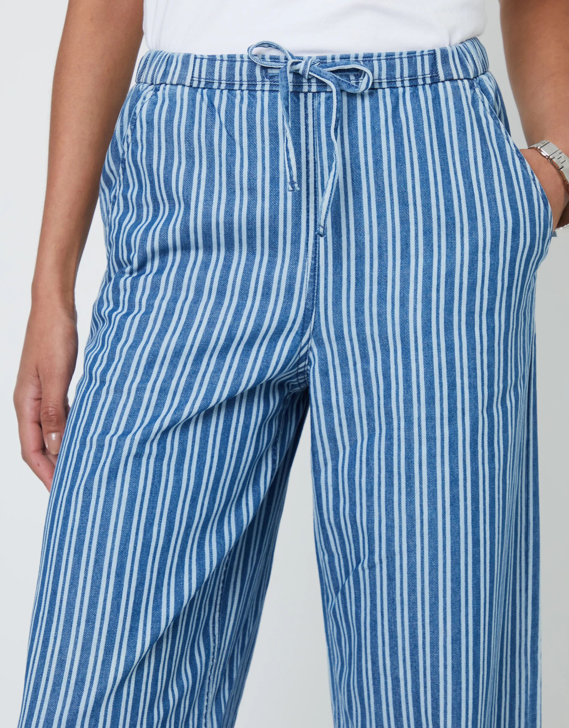 Petite Baggy Leg Denim Trousers in Mid Wash Stripe - Image 2