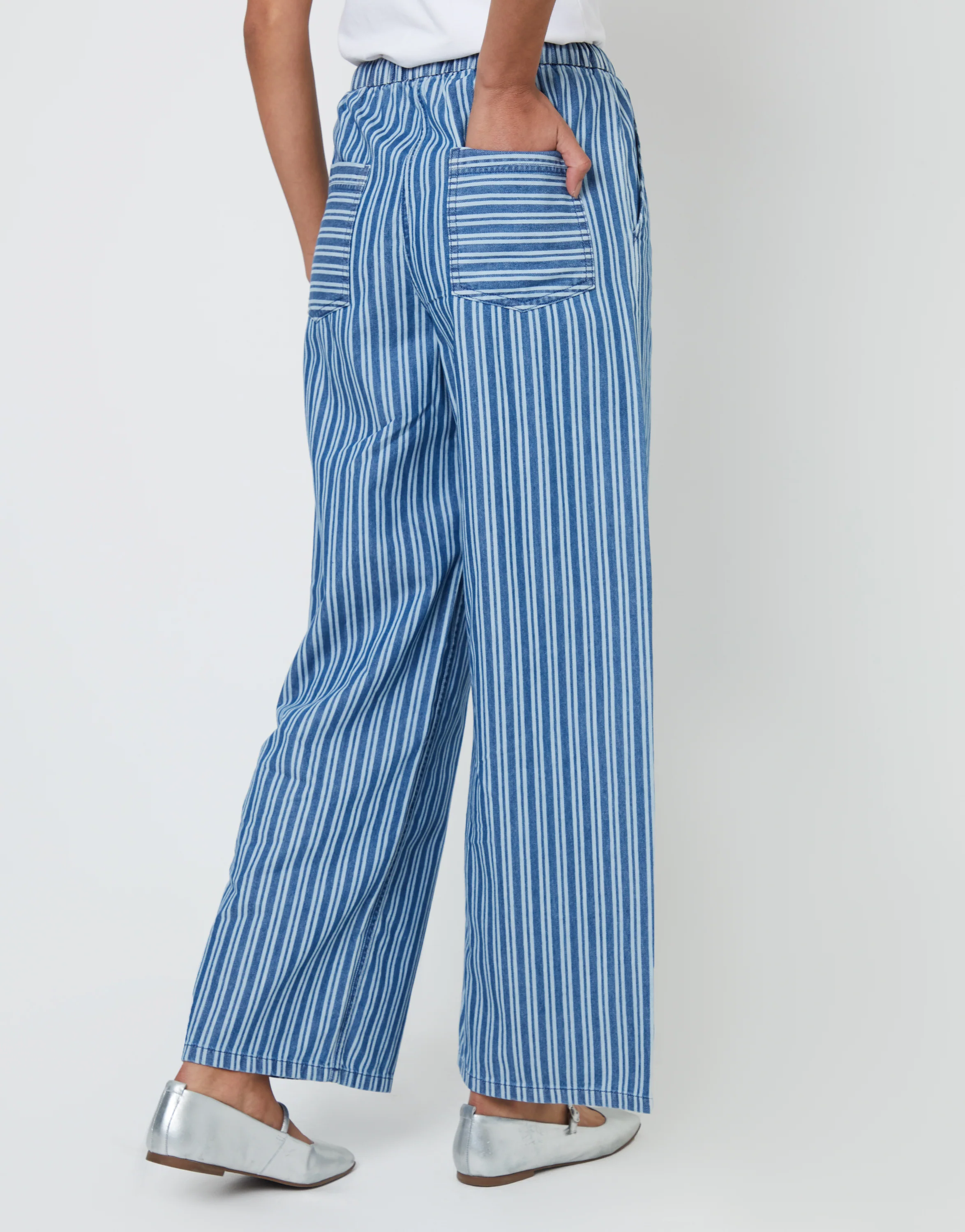 Petite Baggy Leg Denim Trousers in Mid Wash Stripe - Image 4