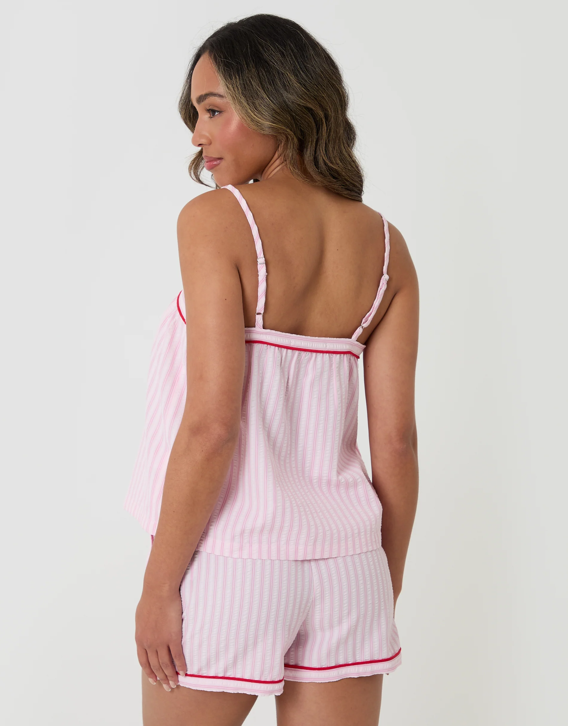 A-Line Cami Seersucker Shortie Pyjama Set in Pink Stripe - Image 2