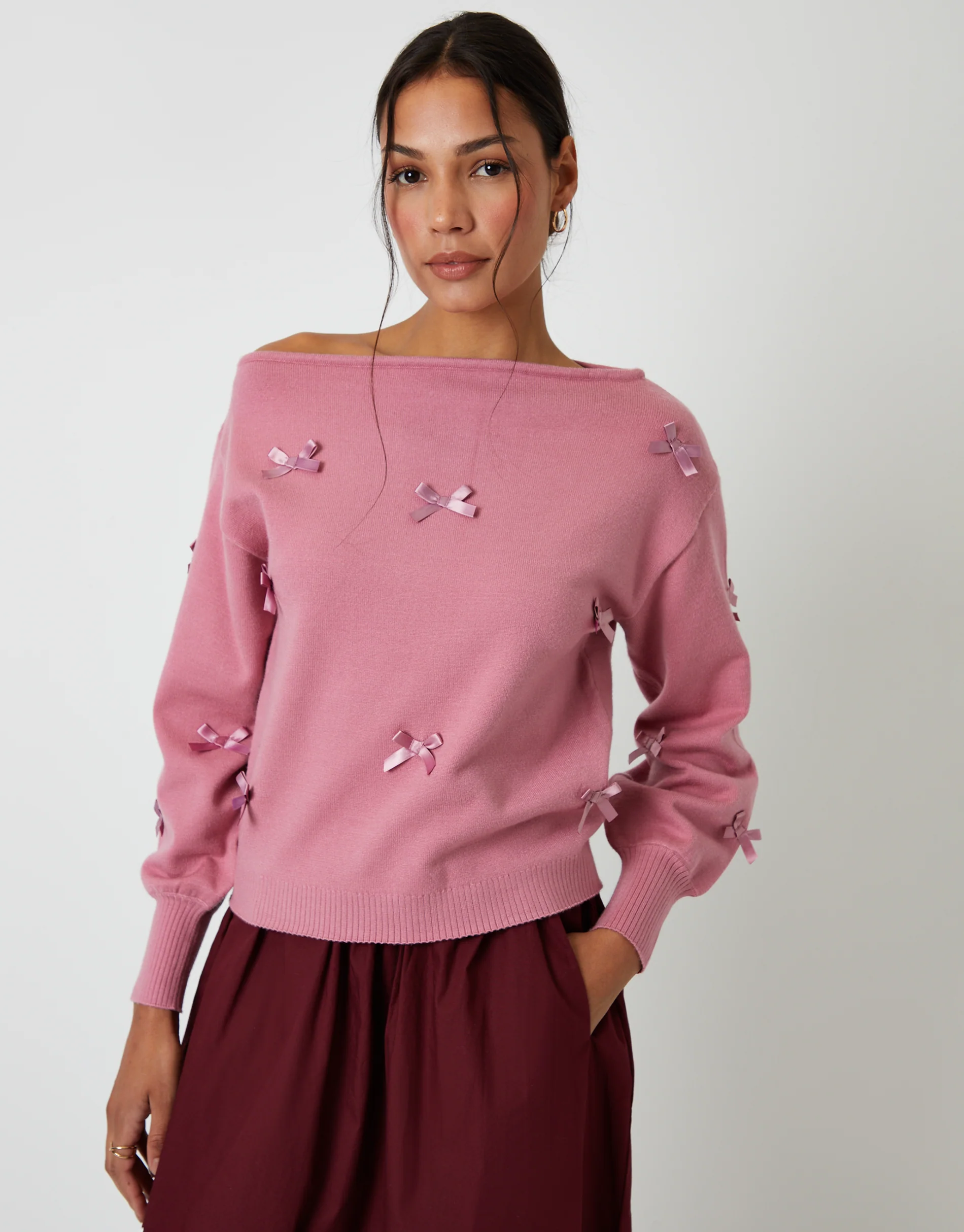 Bow Embellished Slash Neck Jumper in Pink - Image 3