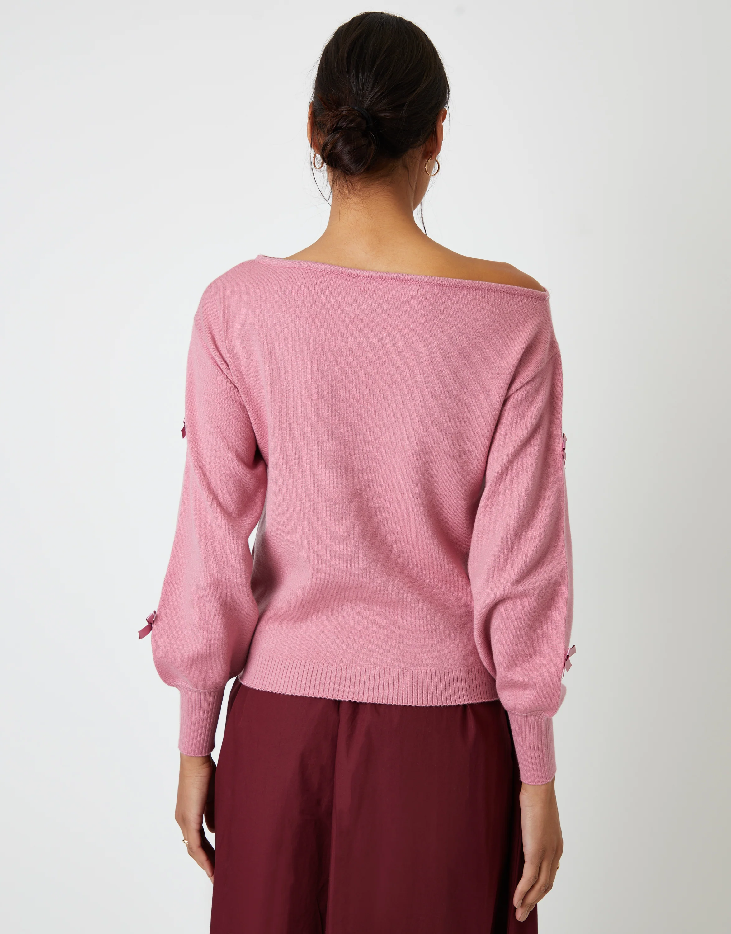 Bow Embellished Slash Neck Jumper in Pink - Image 4