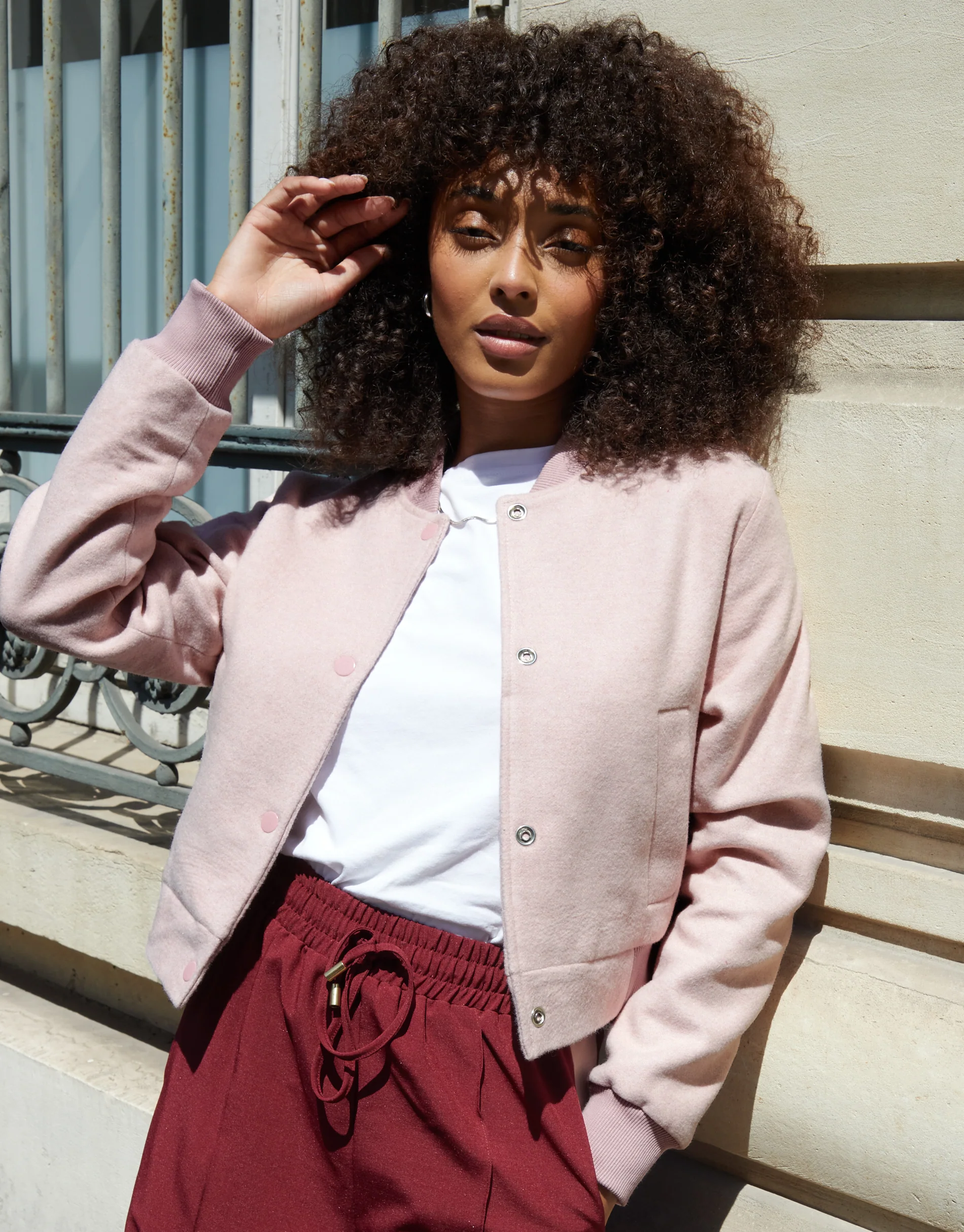 Brushed Cropped Bomber Jacket in Pink - Image 3