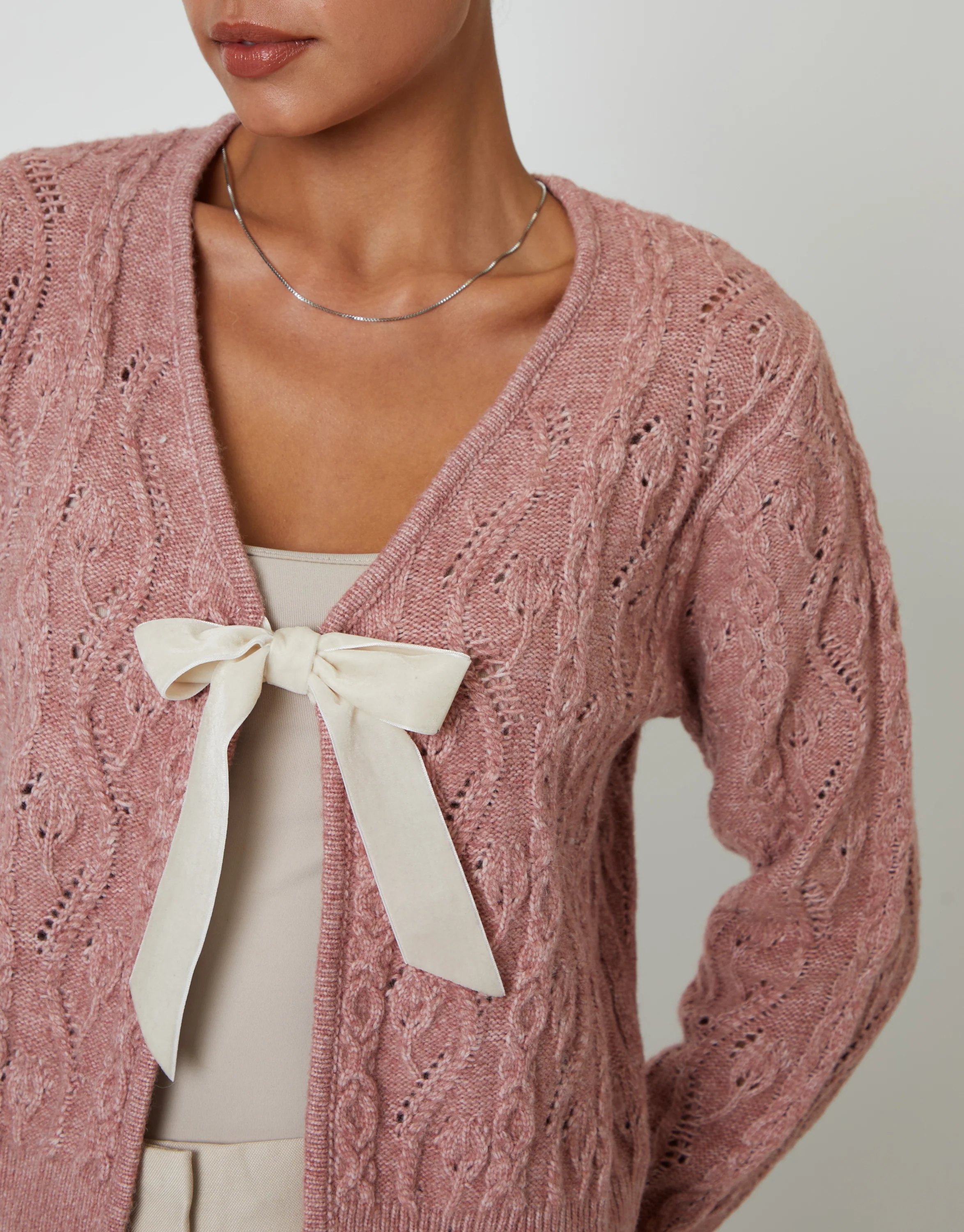 Cable Knit Velvet Bow Detail Cardigan in Pink - Image 4