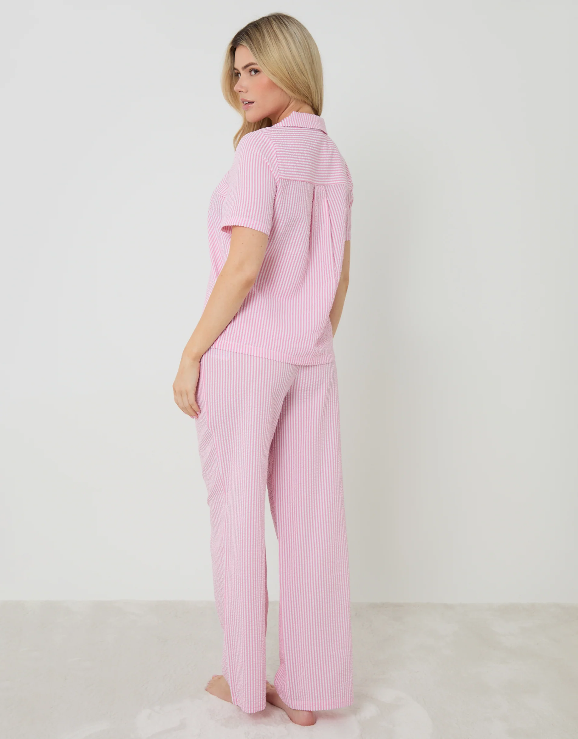 Seersucker Button Up Pyjama Set in Pink Stripe - Image 3