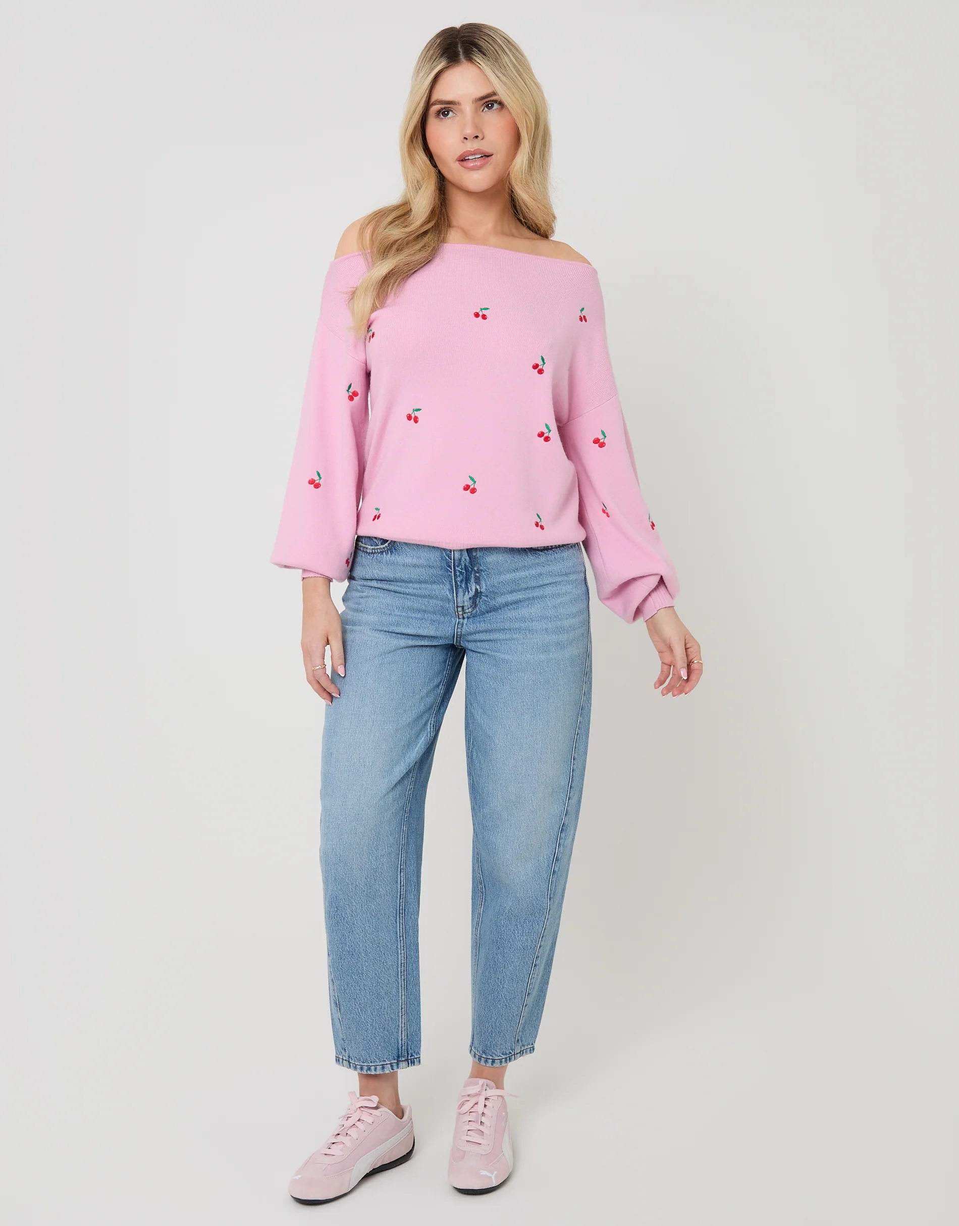 Cherry Embroidery Slash Neck Jumper in Pink - Image 3