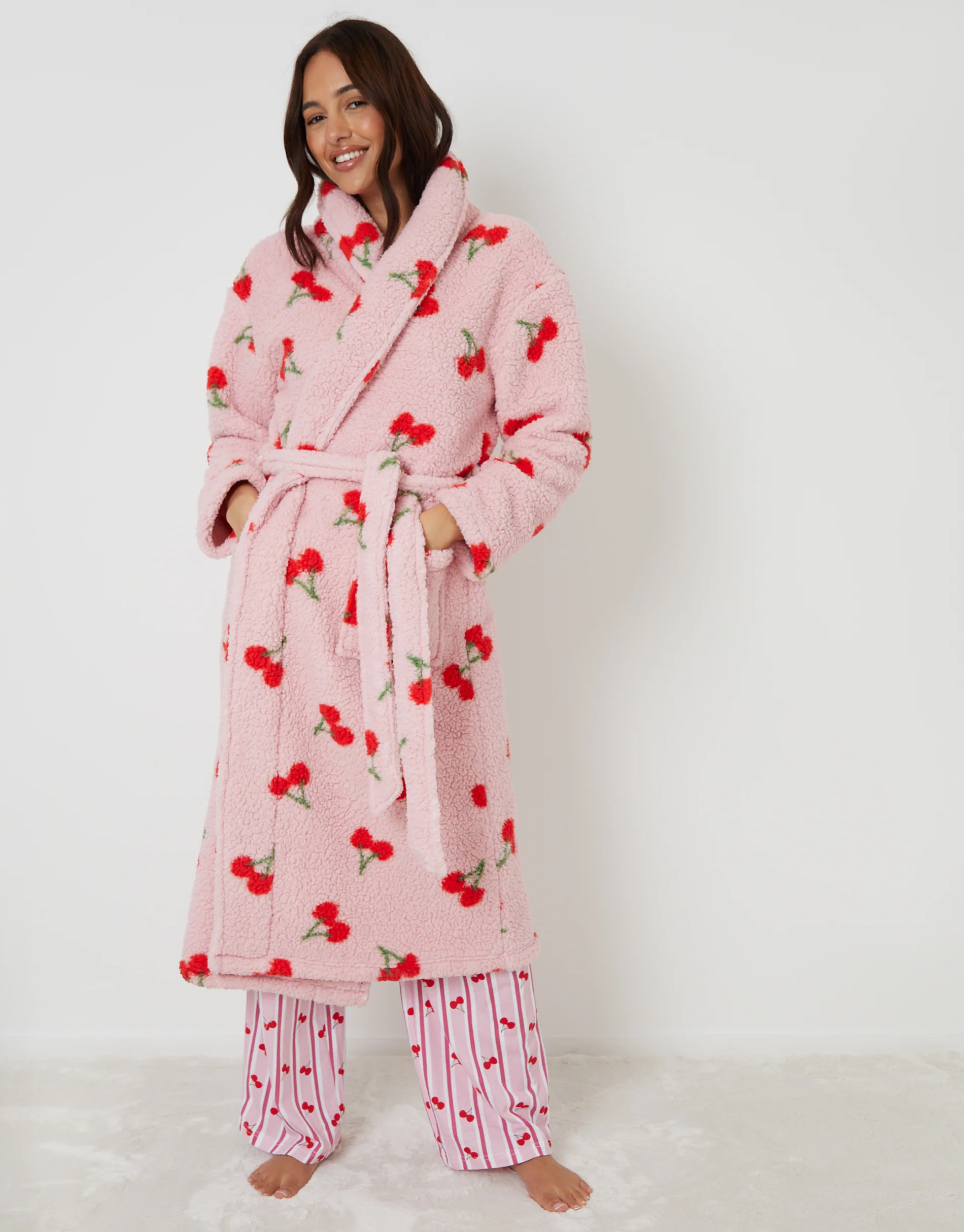 Cherry Print Borg Dressing Gown in Pink - Image 2