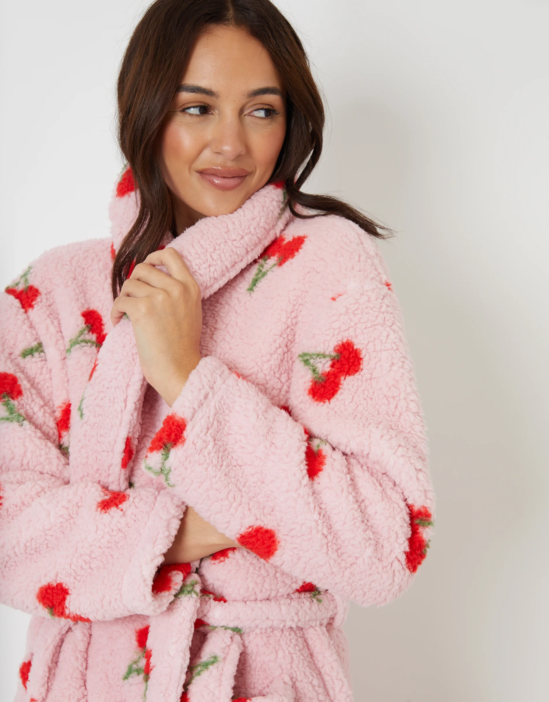 Cherry Print Borg Dressing Gown in Pink - Image 4
