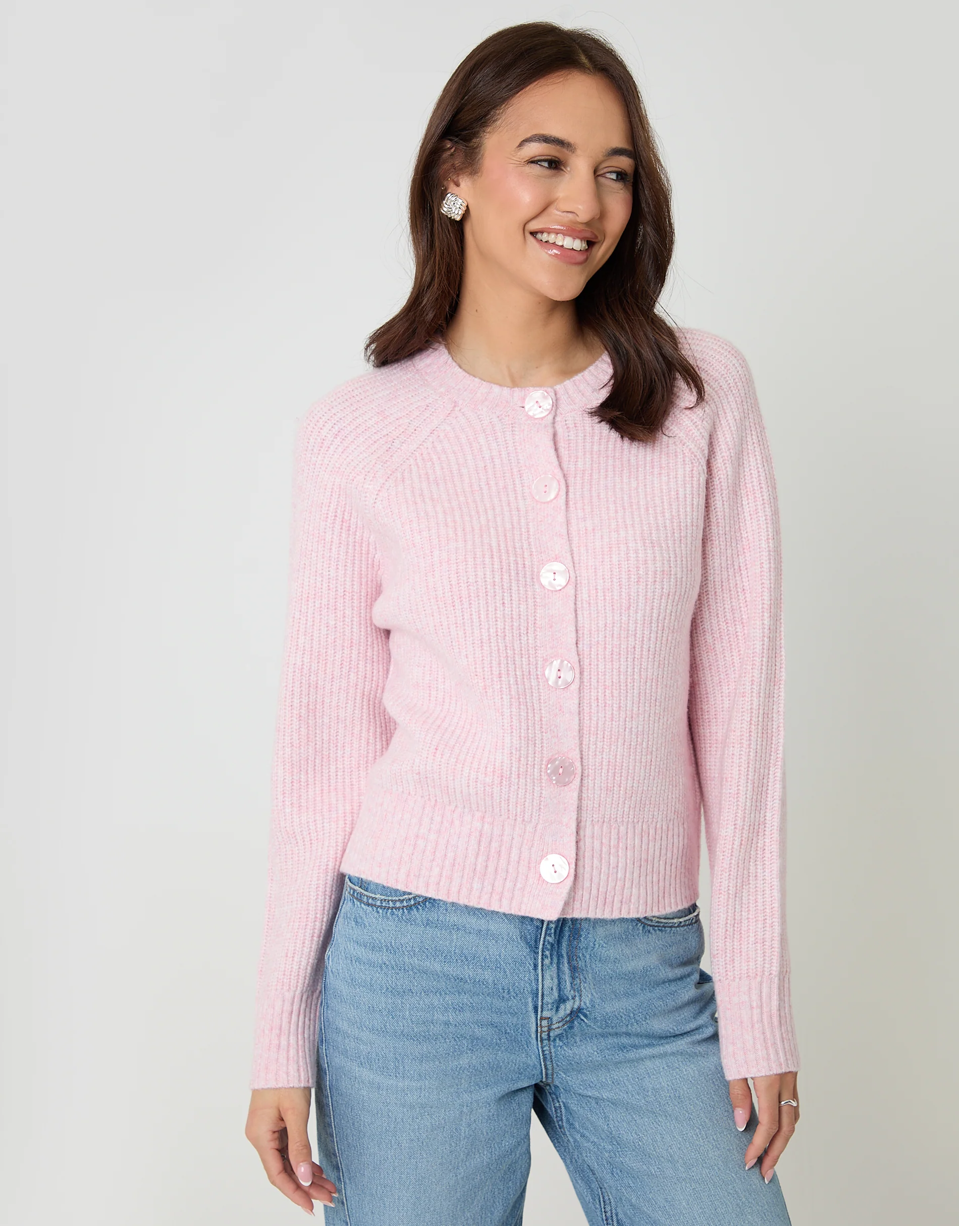 Chunky Knit Button Up Cardigan in Pink - Image 5