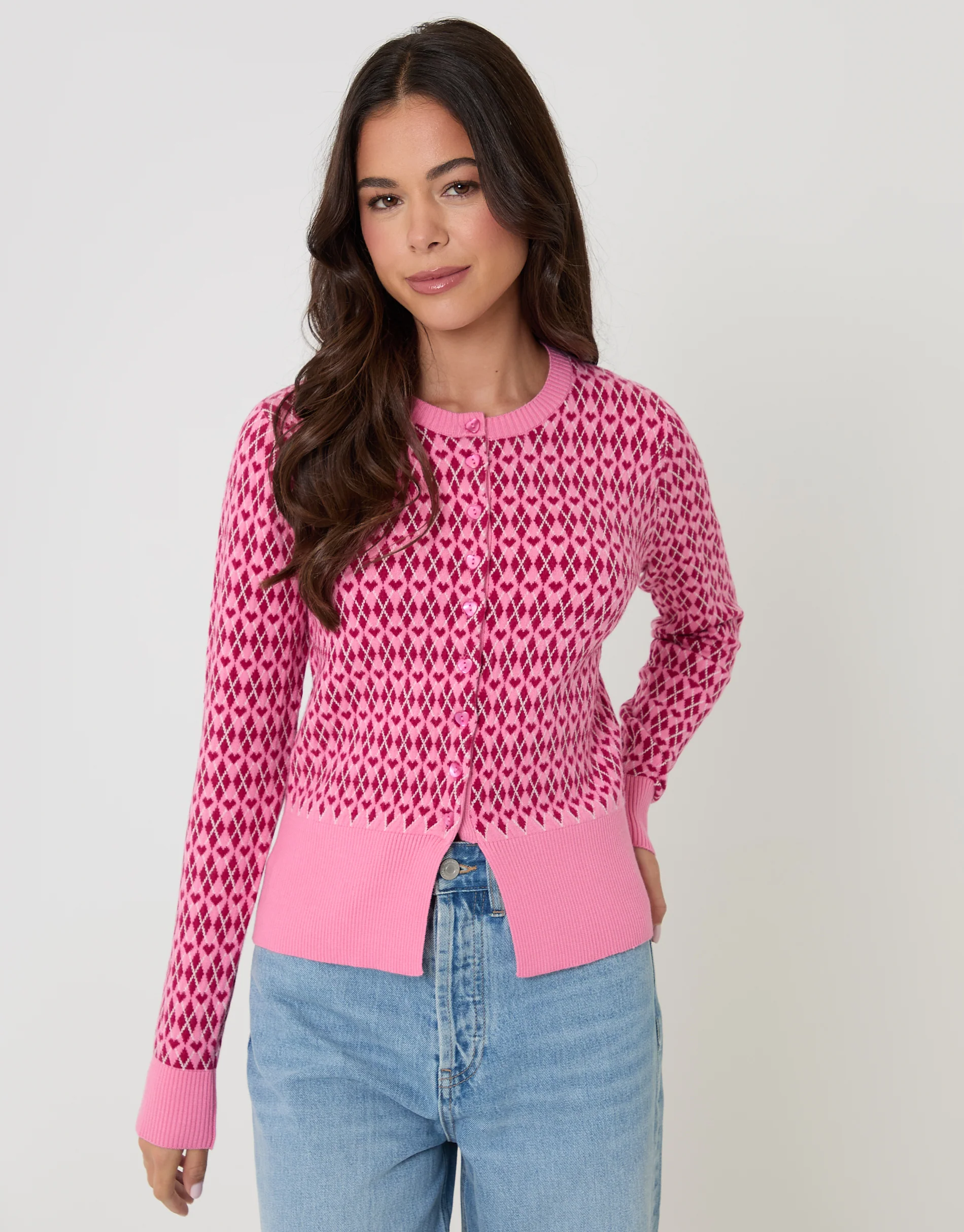 Crew Neck Argyle Heart Print Cardigan in Pink - Image 5