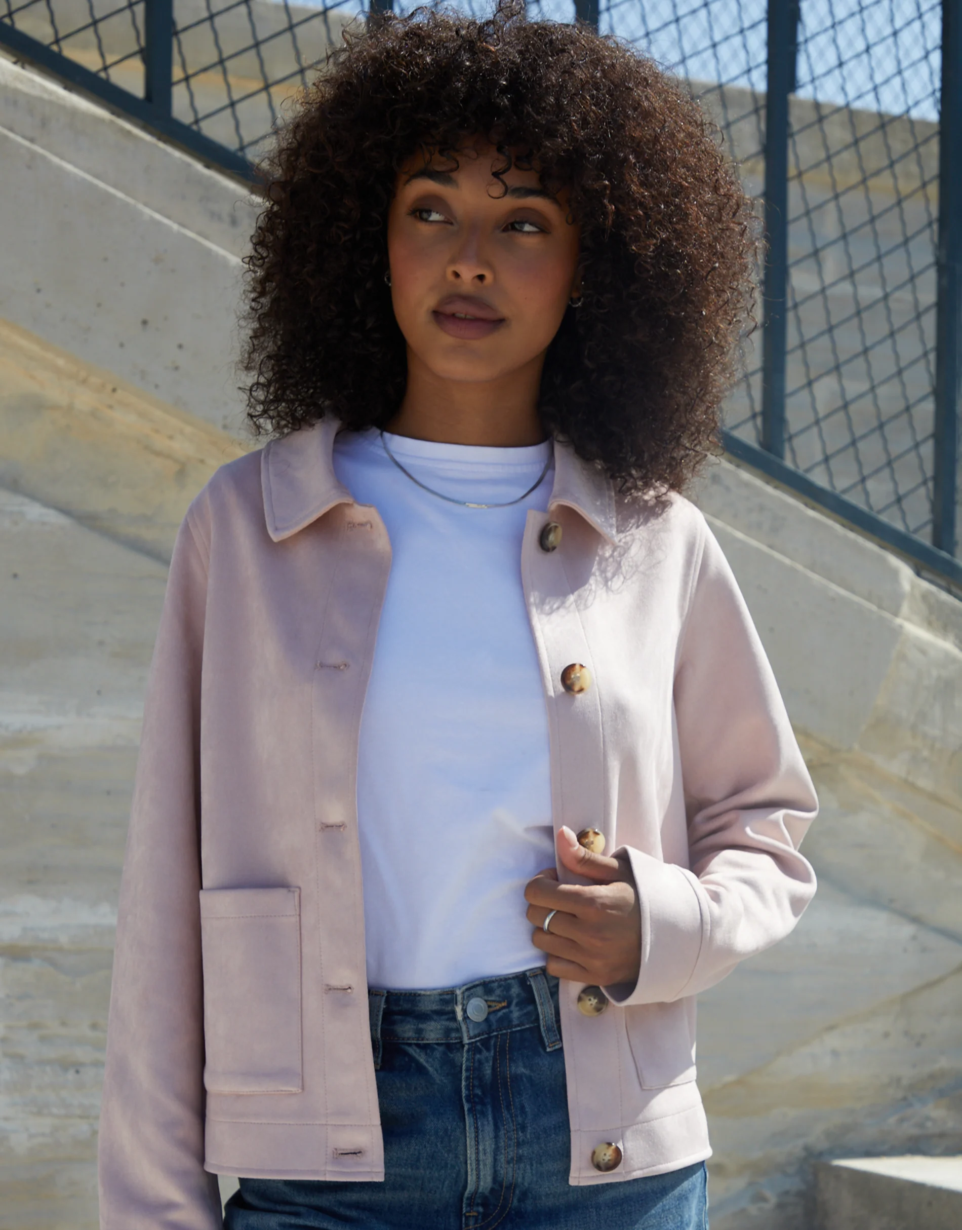 Cropped Button Up Suedette Shacket in Pink