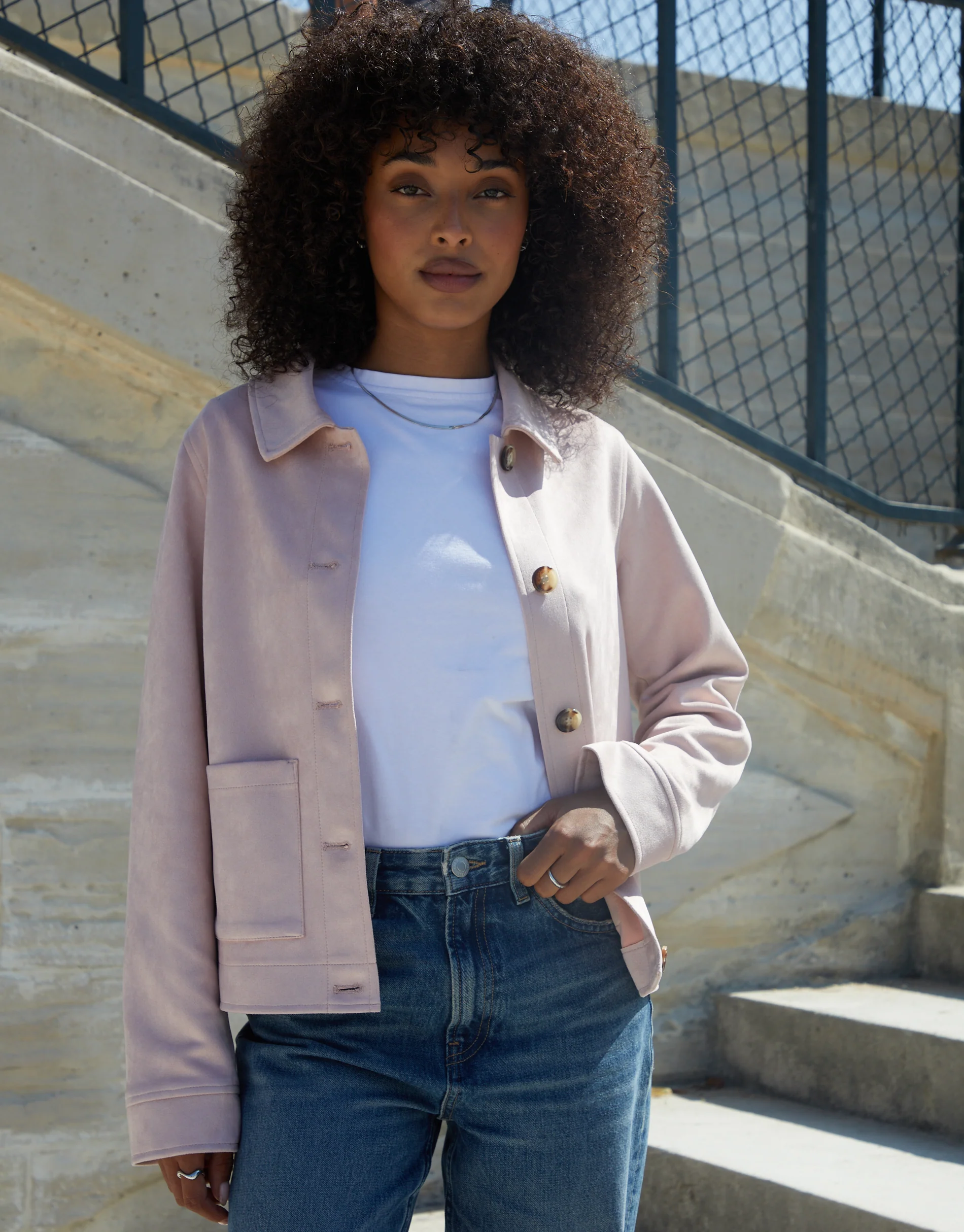 Cropped Button Up Suedette Shacket in Pink - Image 3