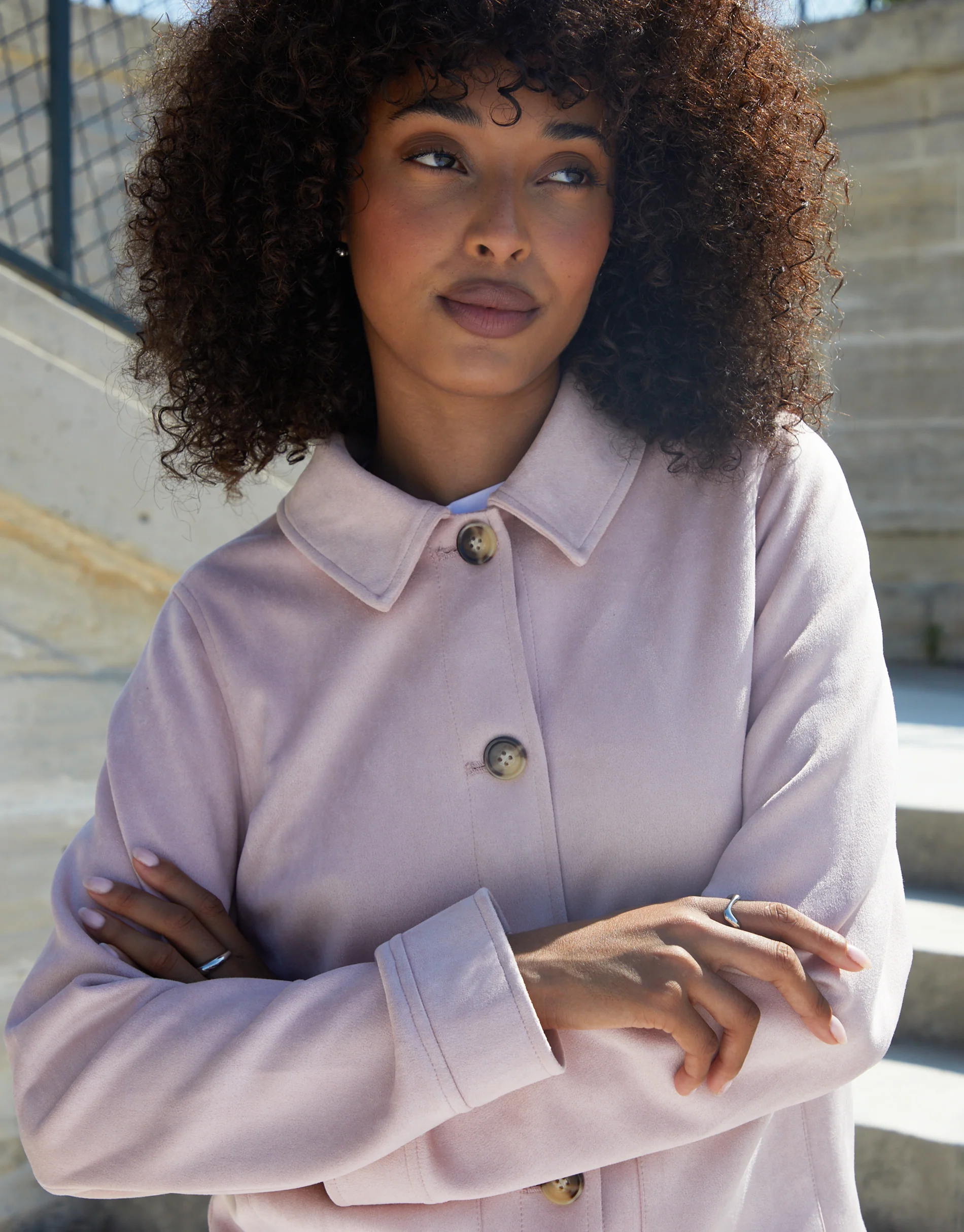 Cropped Button Up Suedette Shacket in Pink - Image 4