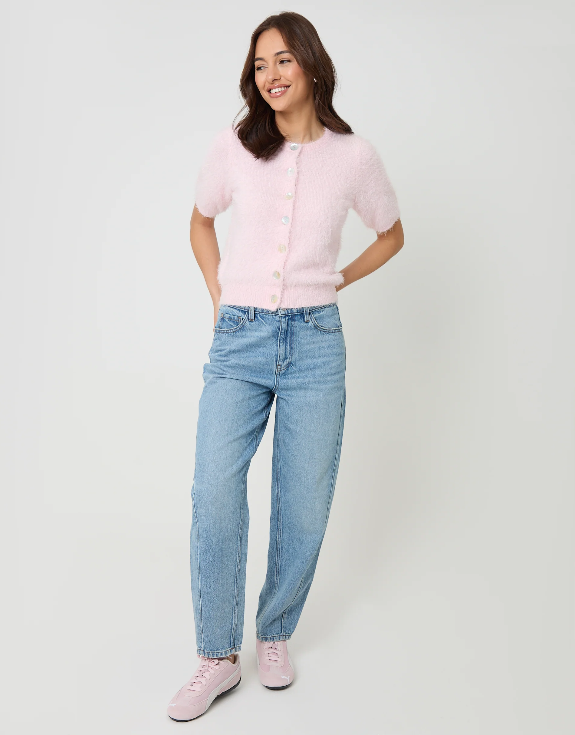 Eyelash Knit Short Sleeve Cardigan in Pink - Image 3