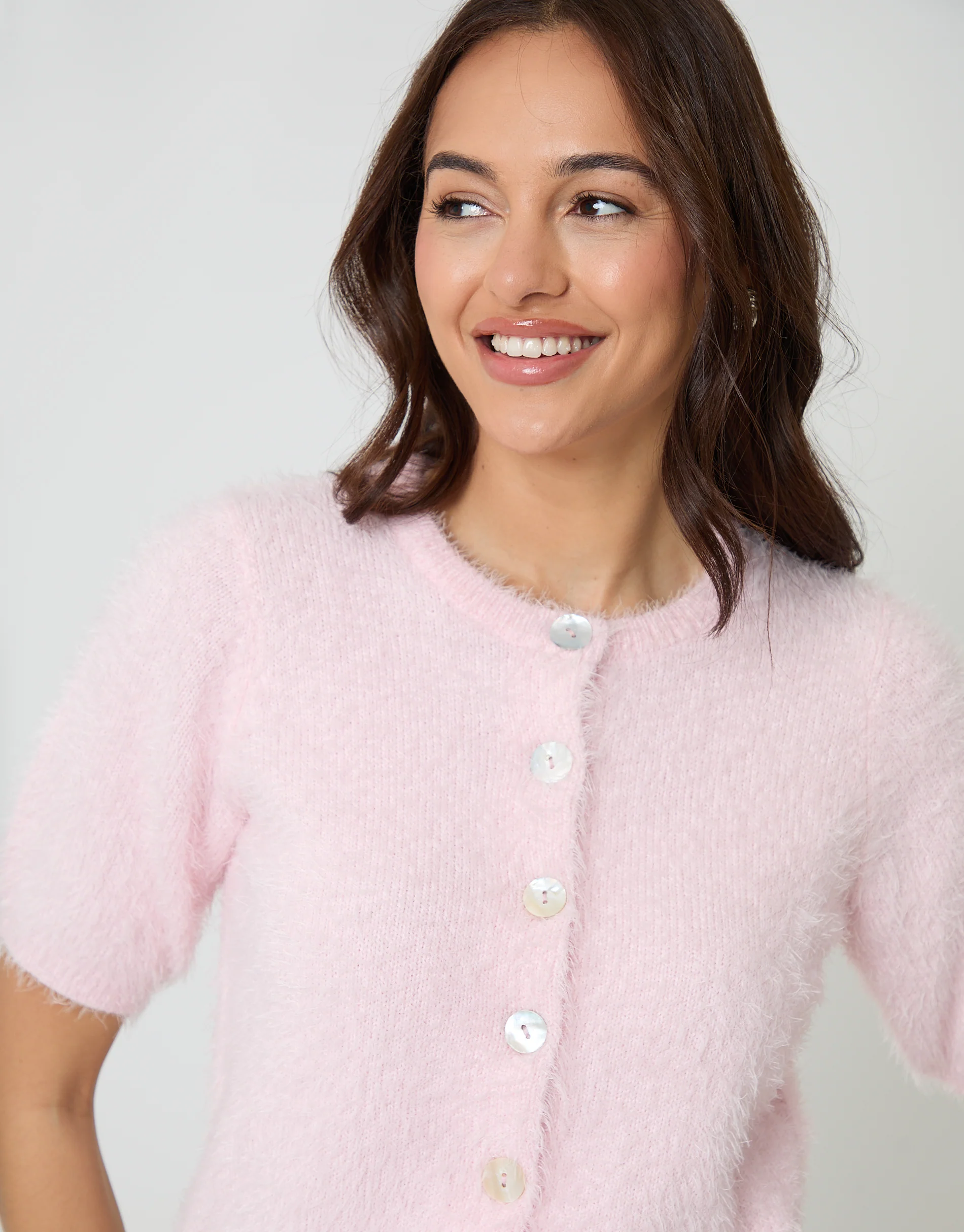 Eyelash Knit Short Sleeve Cardigan in Pink - Image 4