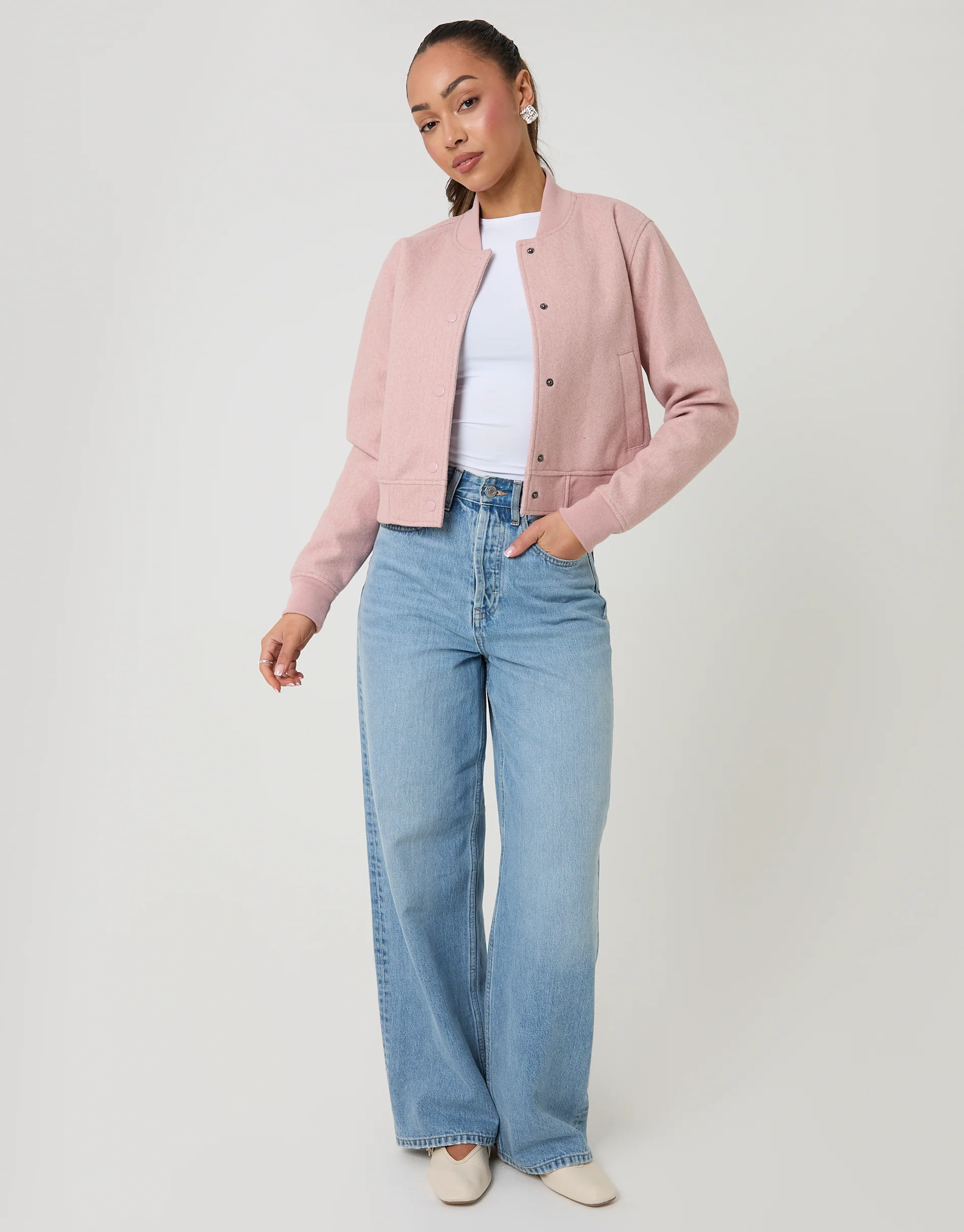 Faux Wool Bomber Jacket in Pink - Image 3