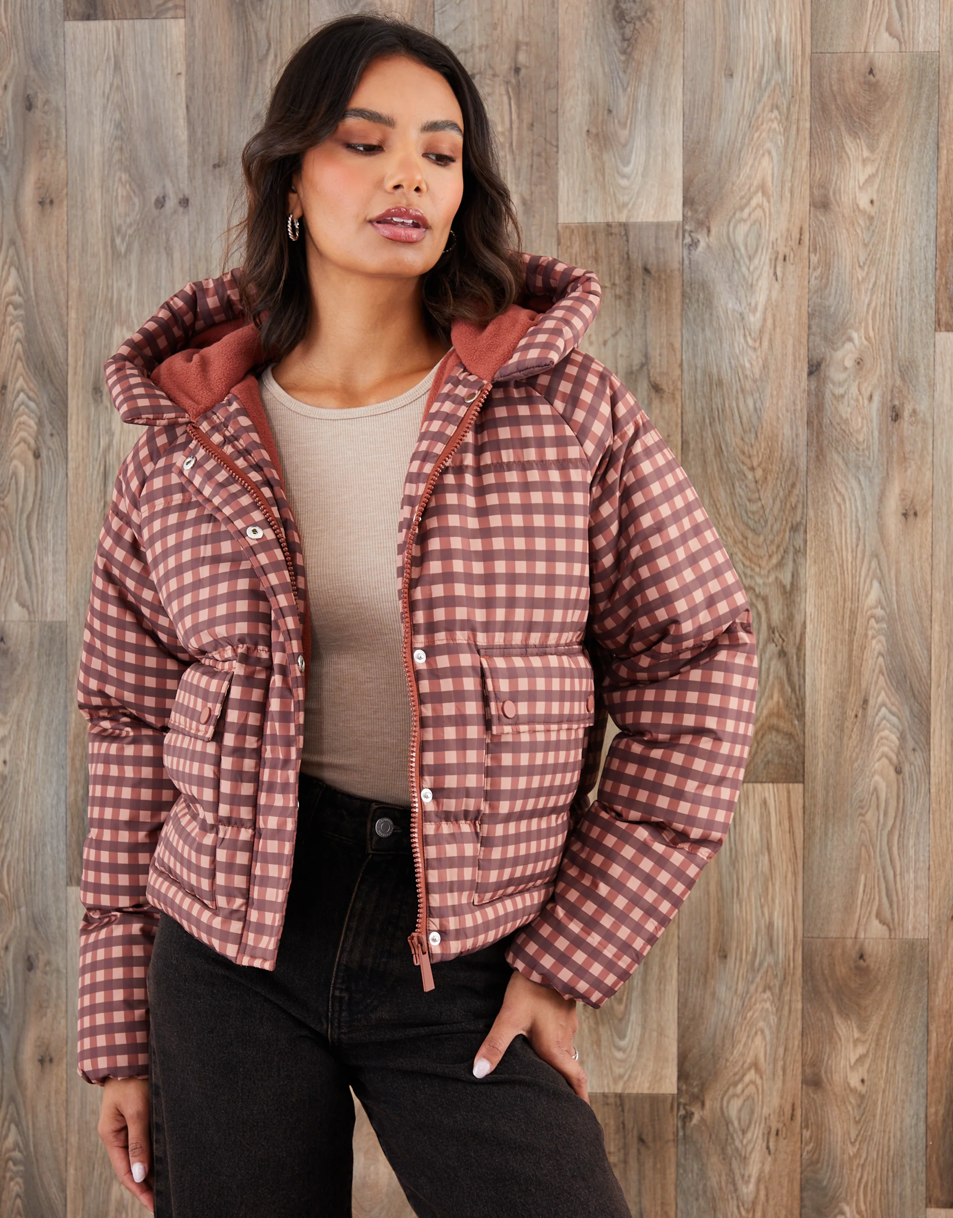 Print Hooded Padded Jacket in Pink Gingham