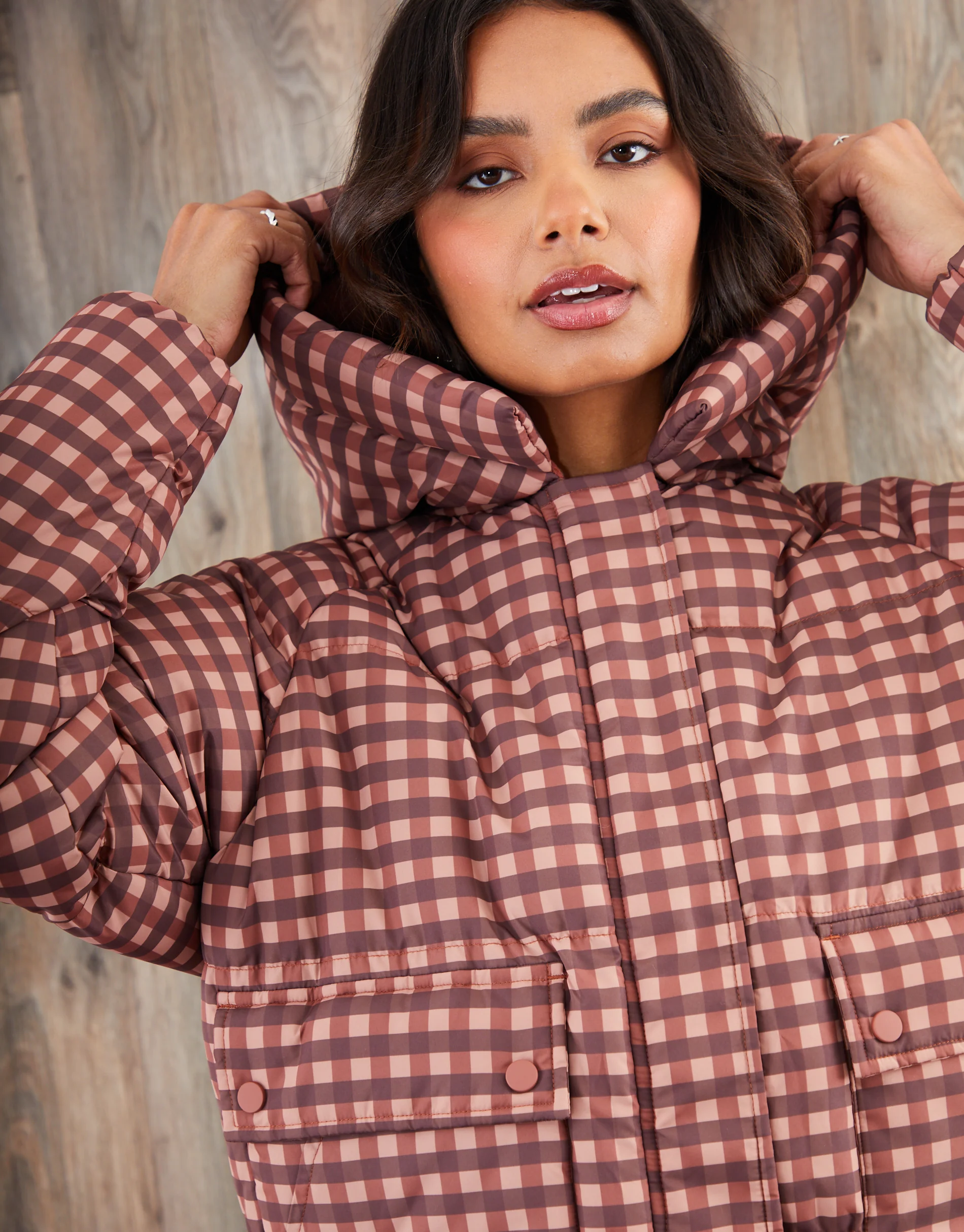 Print Hooded Padded Jacket in Pink Gingham - Image 3