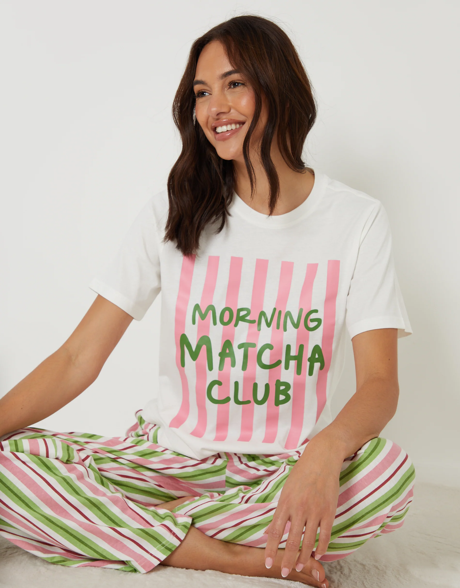 Matcha Print Striped Pyjama Set in White