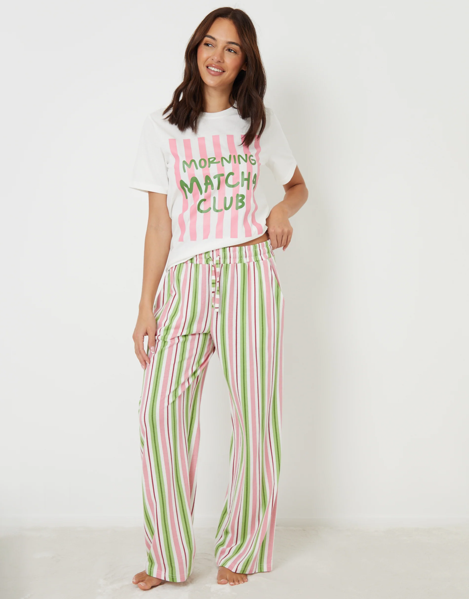 Matcha Print Striped Pyjama Set in White - Image 4