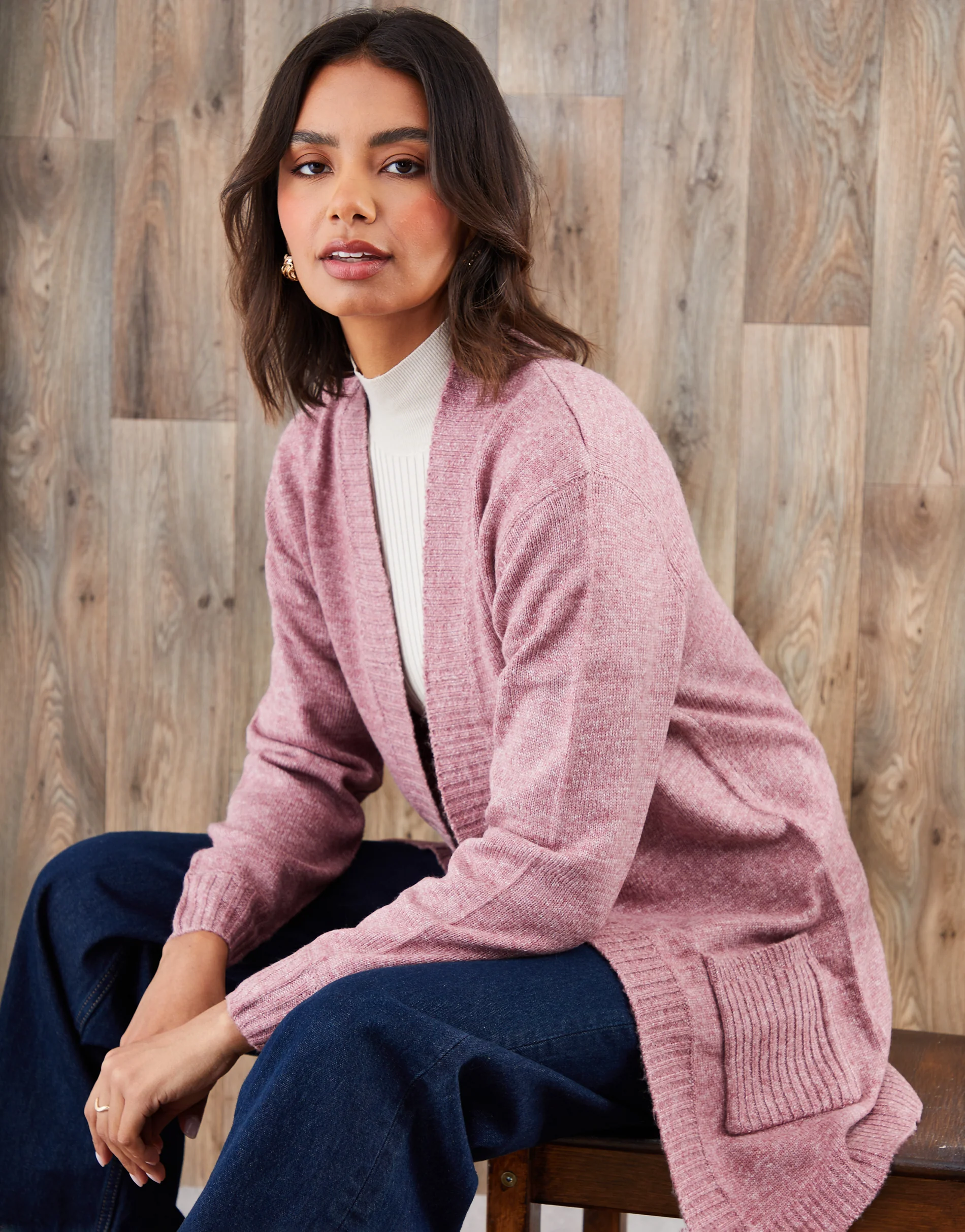 Longline Knitted Open Cardigan in Pink
