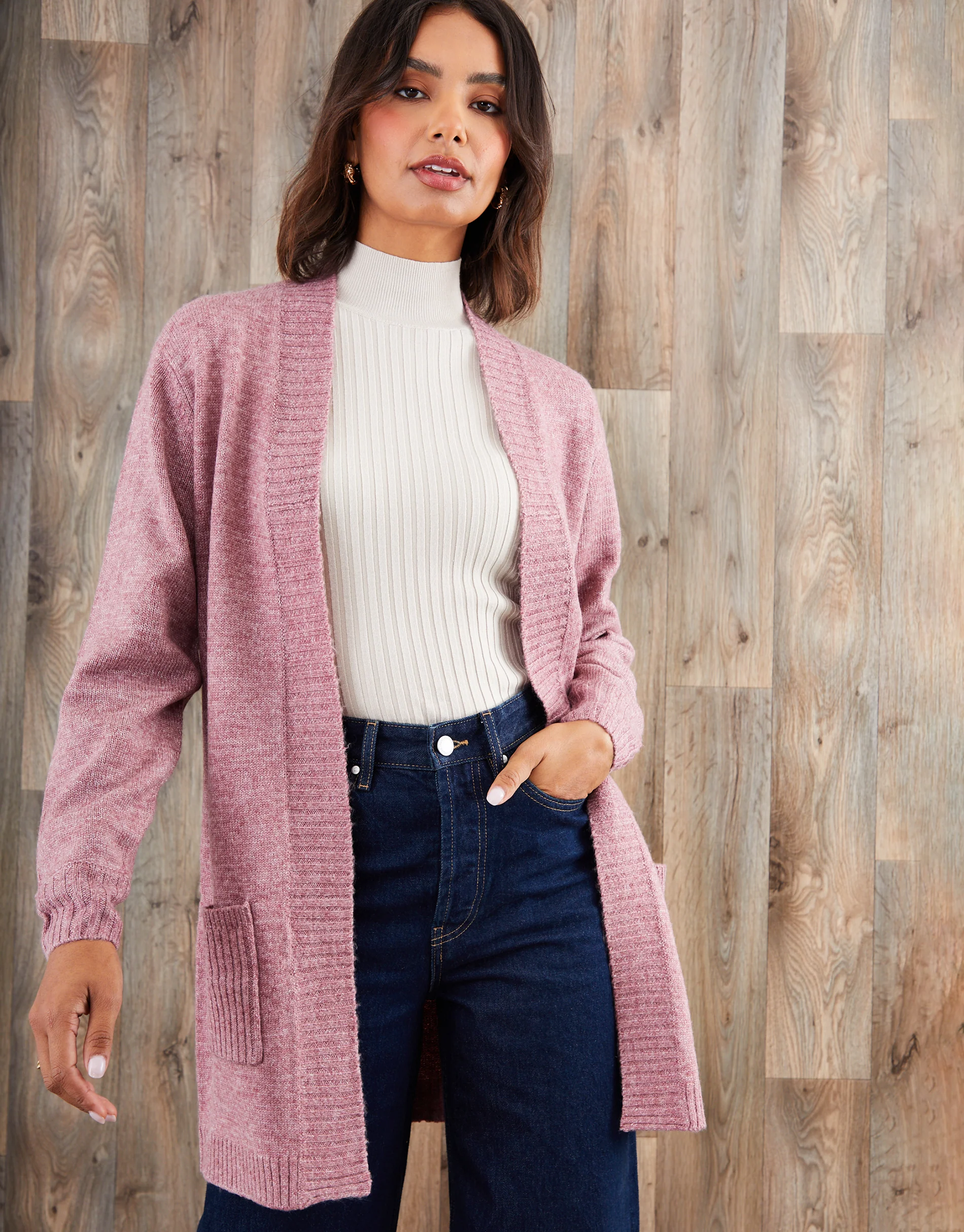 Longline Knitted Open Cardigan in Pink - Image 3