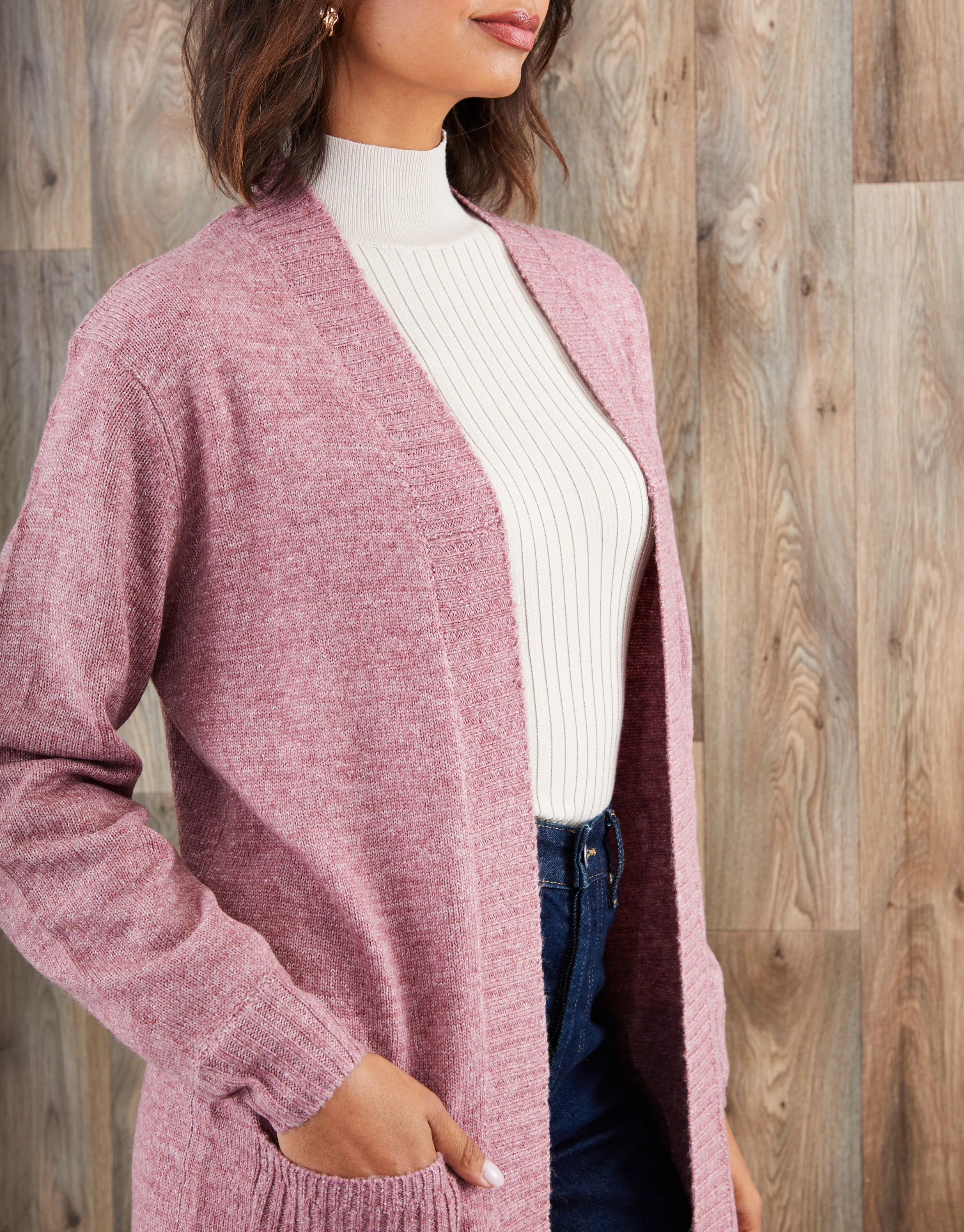 Longline Knitted Open Cardigan in Pink - Image 4