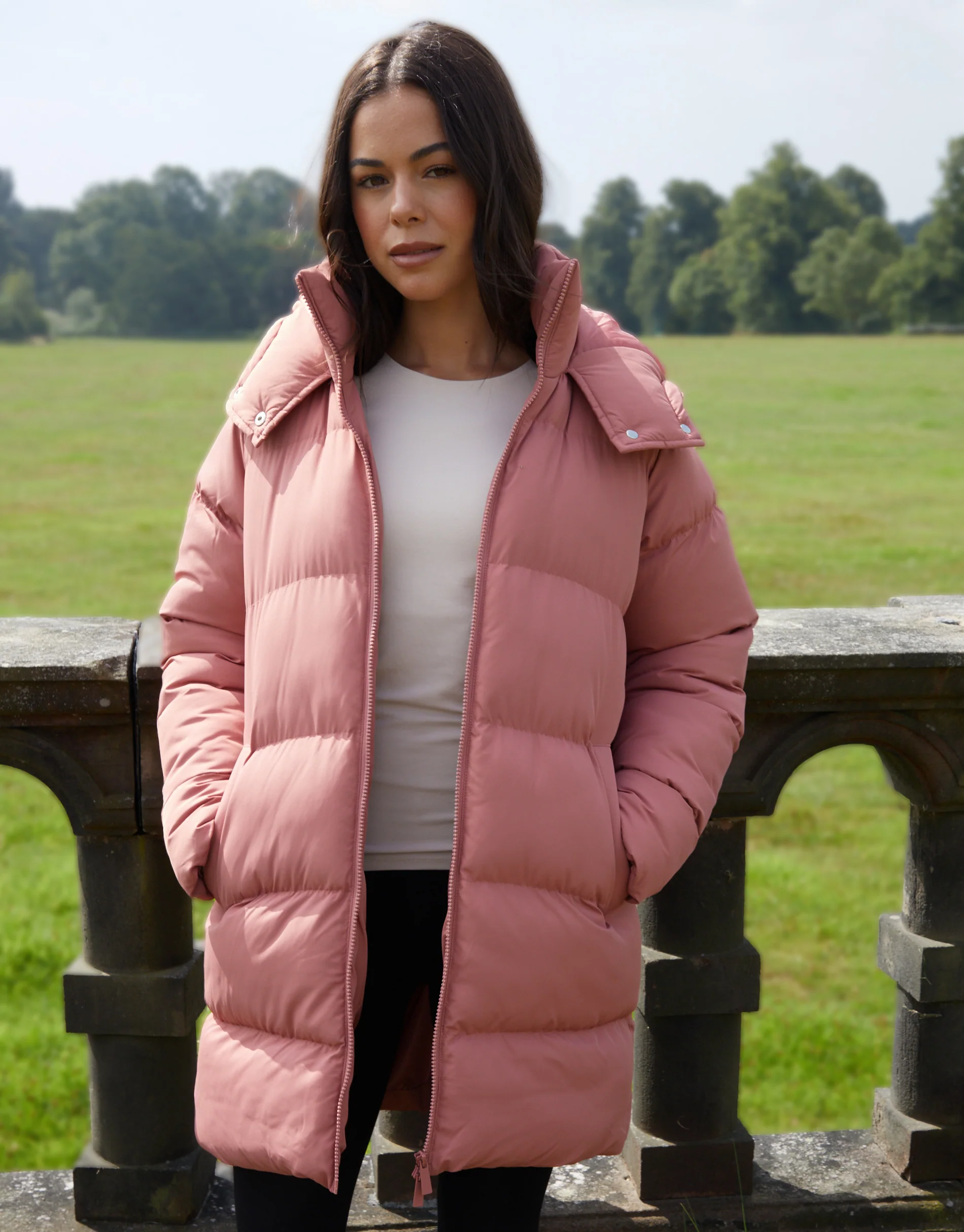 Mid Length Hooded Puffer Coat in Pink