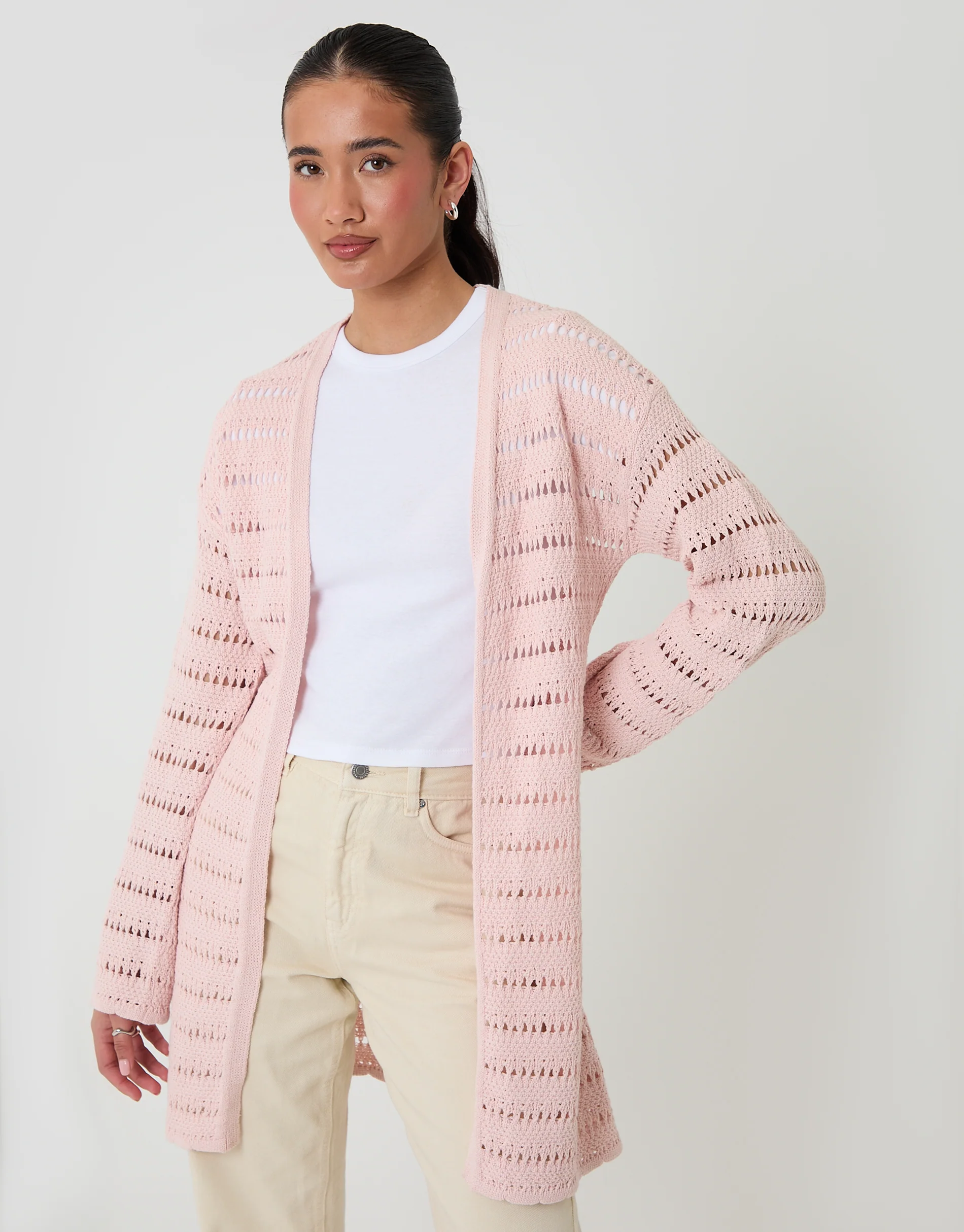 Pointelle Knit Longline Cardigan in Pink