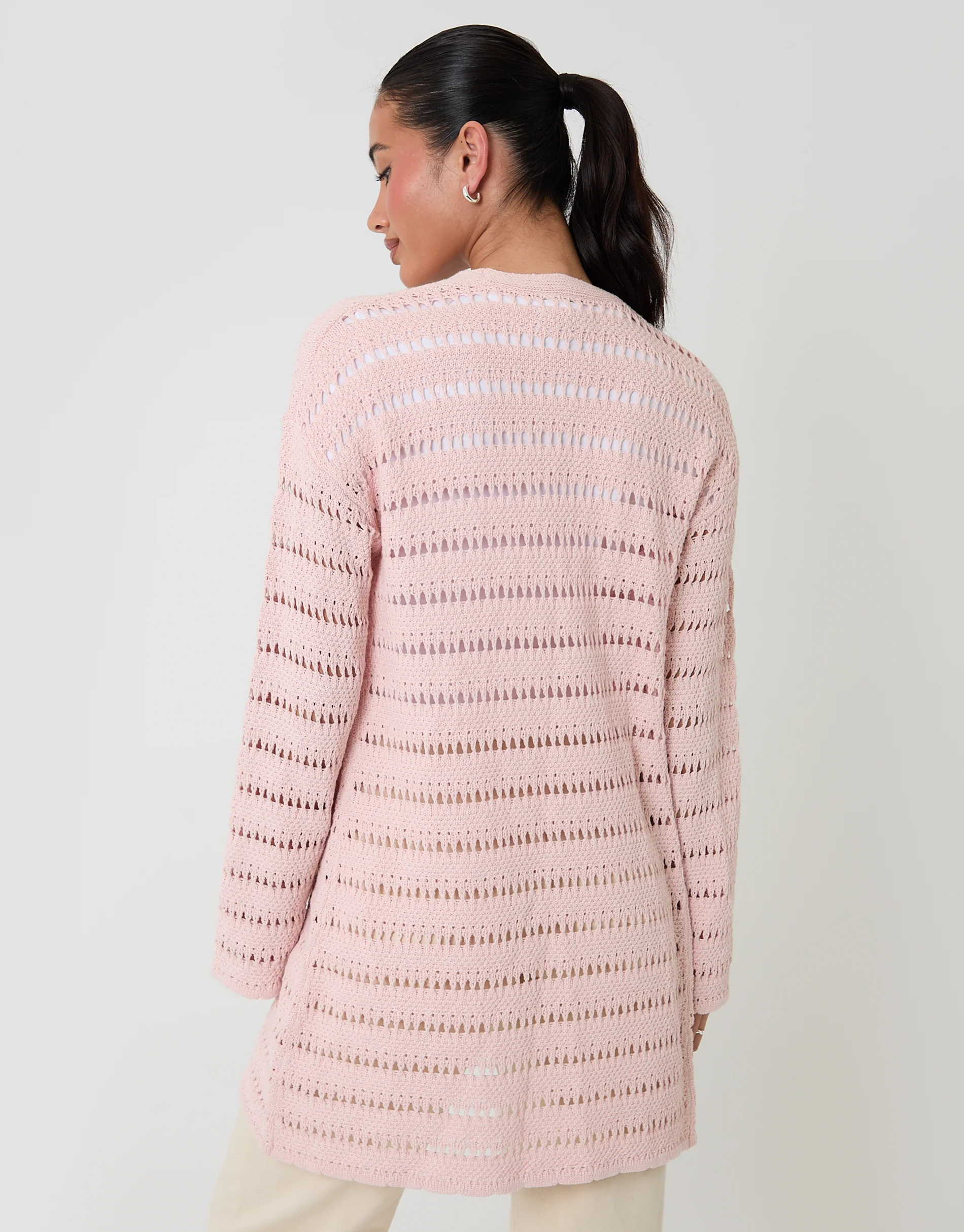 Pointelle Knit Longline Cardigan in Pink - Image 2