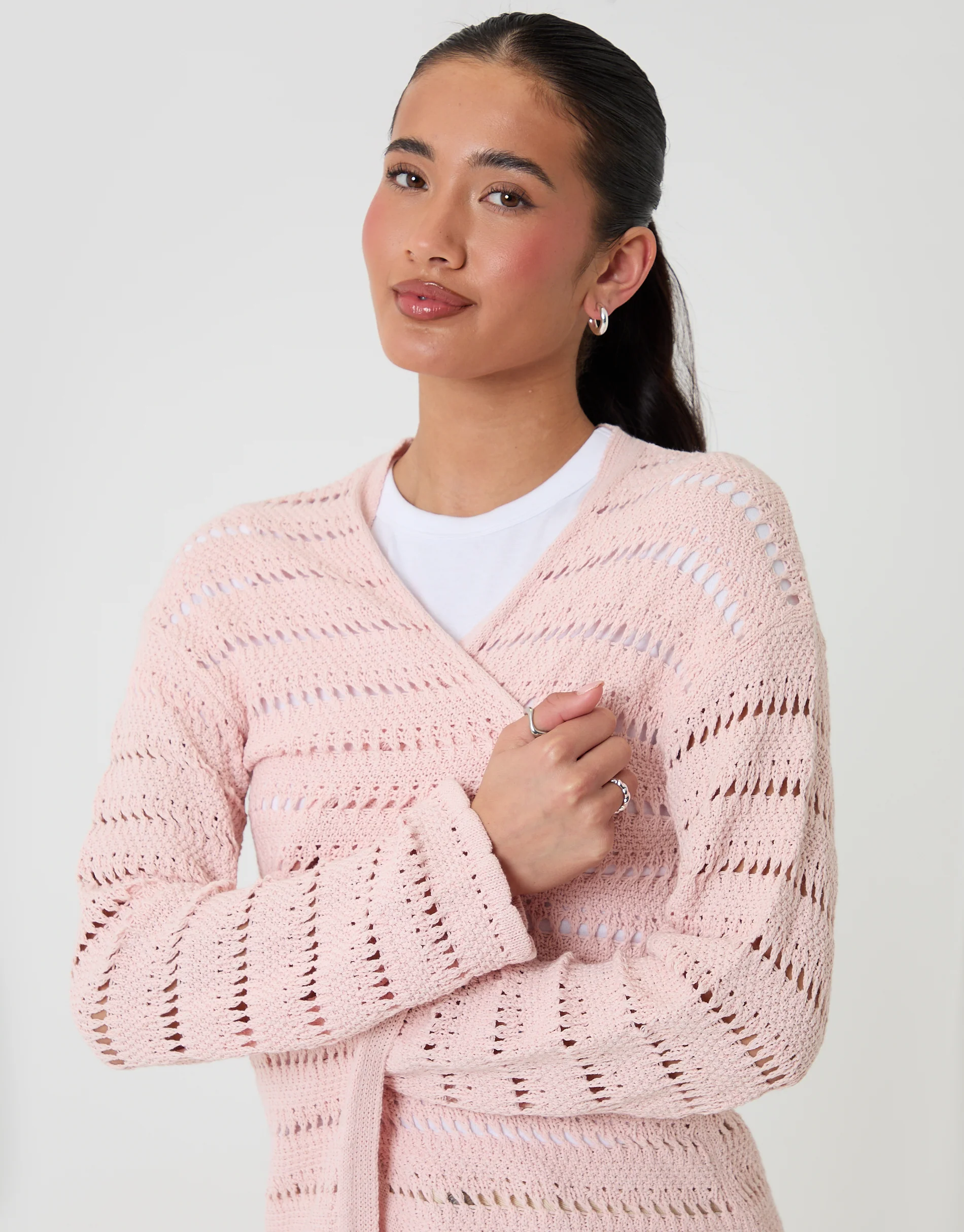 Pointelle Knit Longline Cardigan in Pink - Image 4