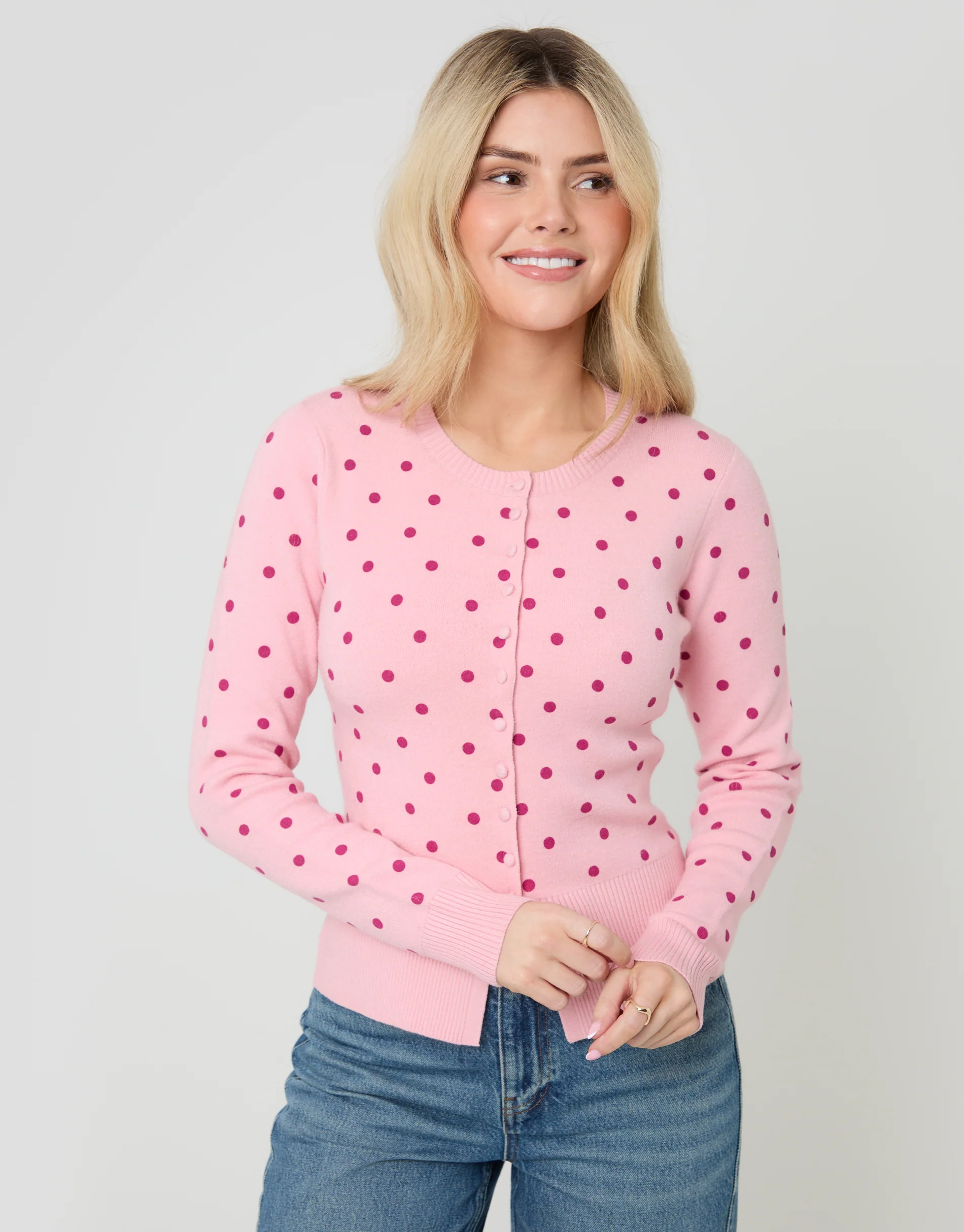 Compact Knitted Cardigan in Pink Polka Dot