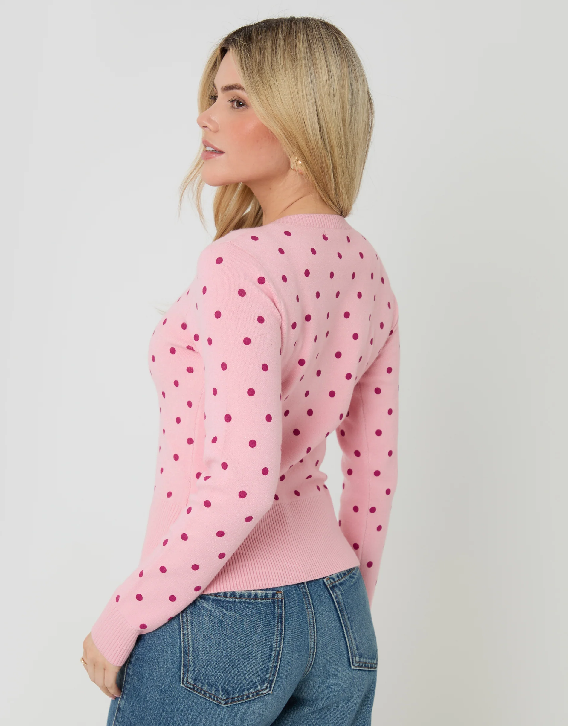 Compact Knitted Cardigan in Pink Polka Dot - Image 2
