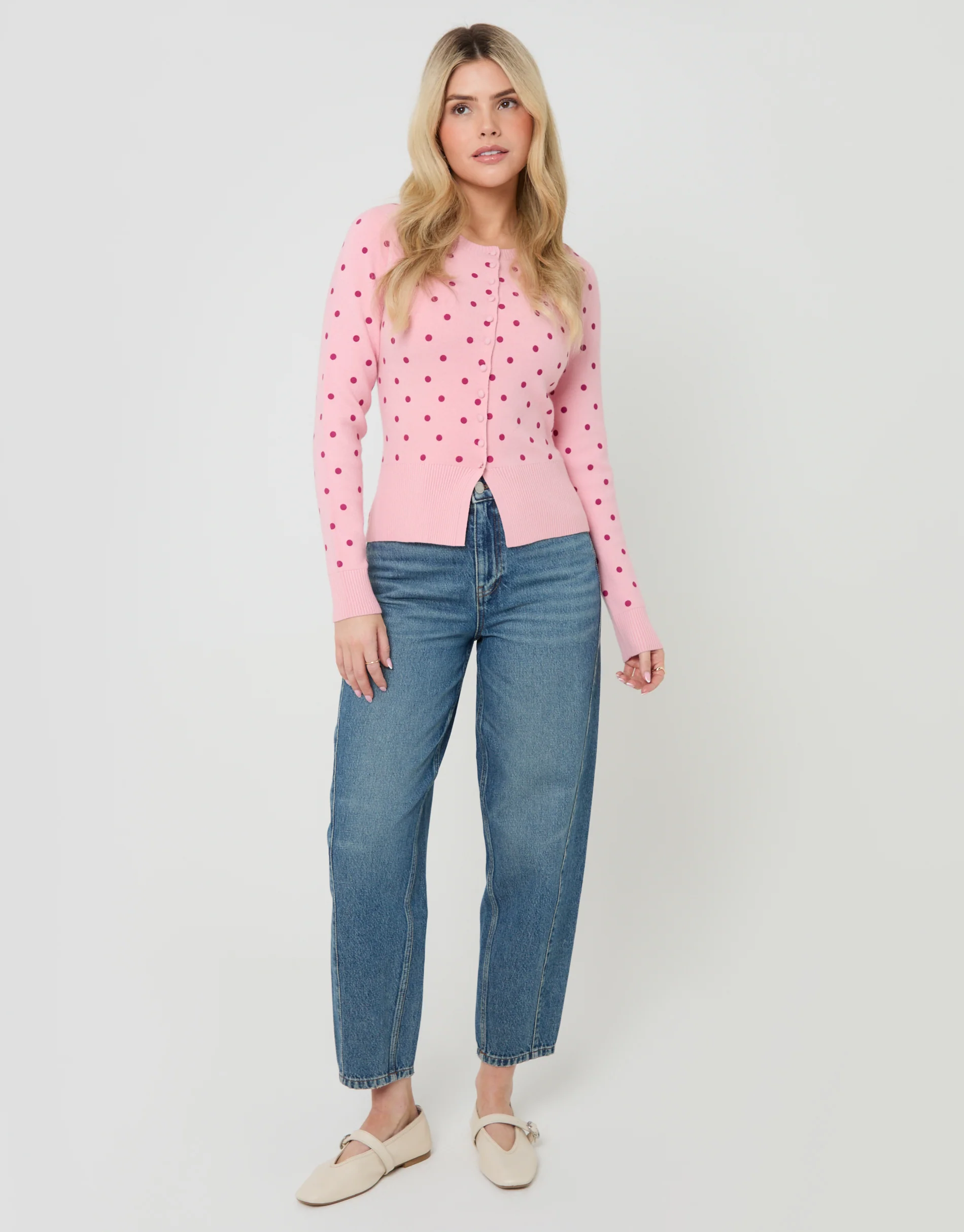 Compact Knitted Cardigan in Pink Polka Dot - Image 3