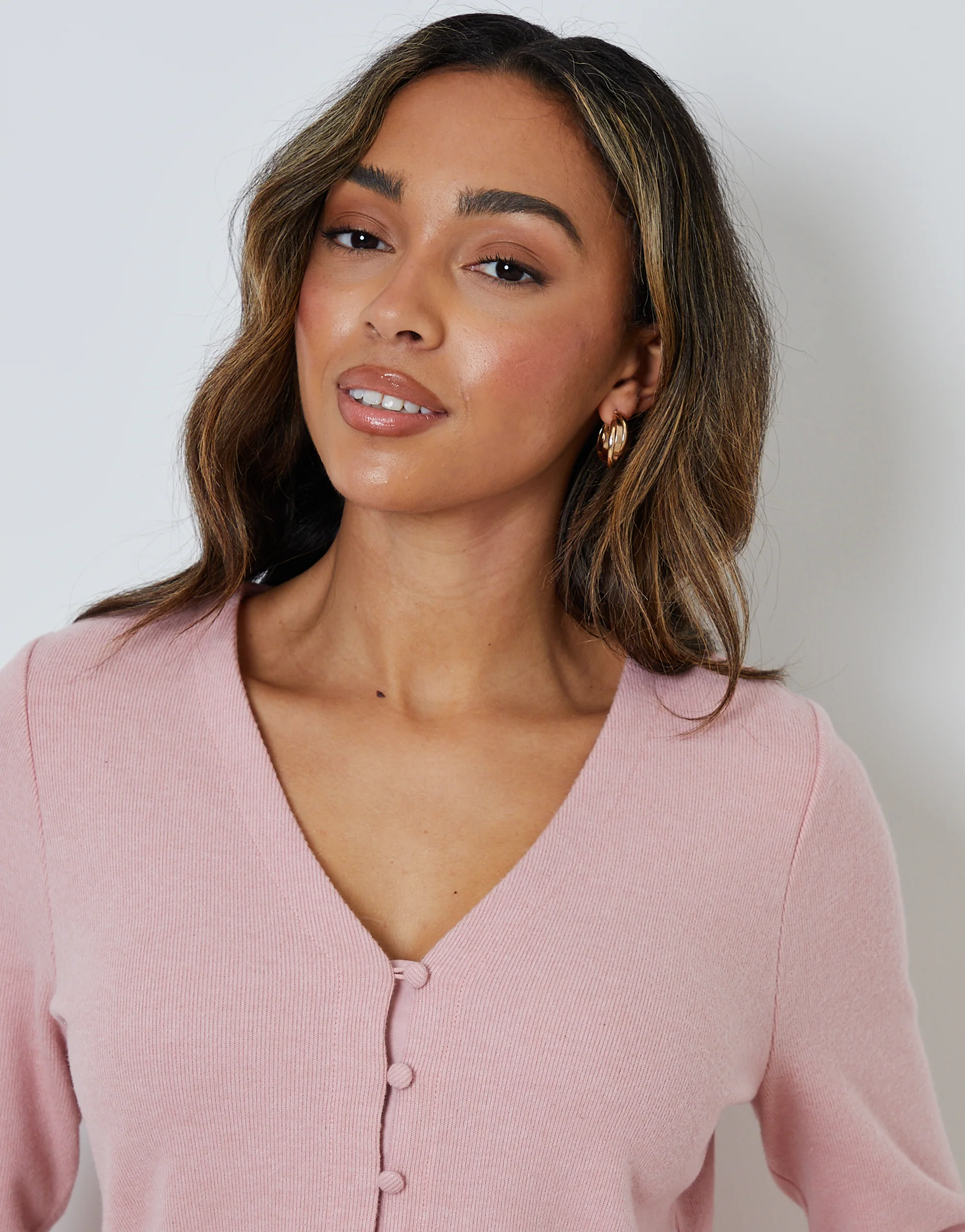 Ribbed V Neck Lounge Cardigan in Pink - Image 2