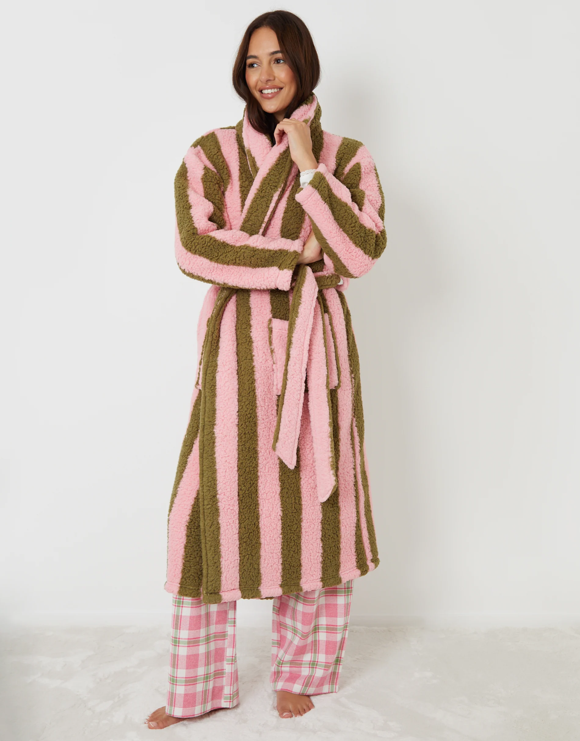 Stripe Borg Dressing Gown in Pink & Green