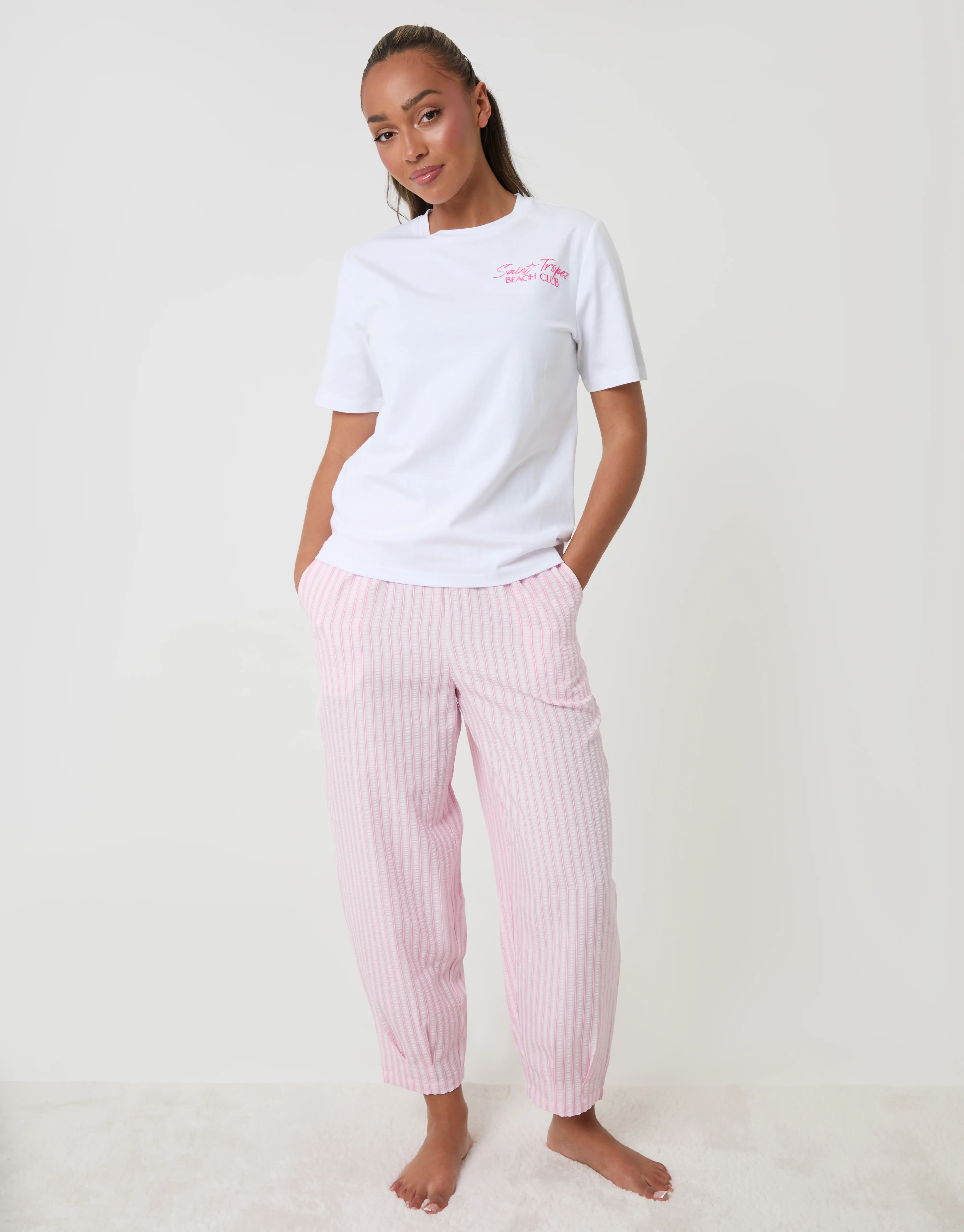 Seersucker Saint Tropez Graphic Print Pyjama Set in Pink Stripe - Image 2