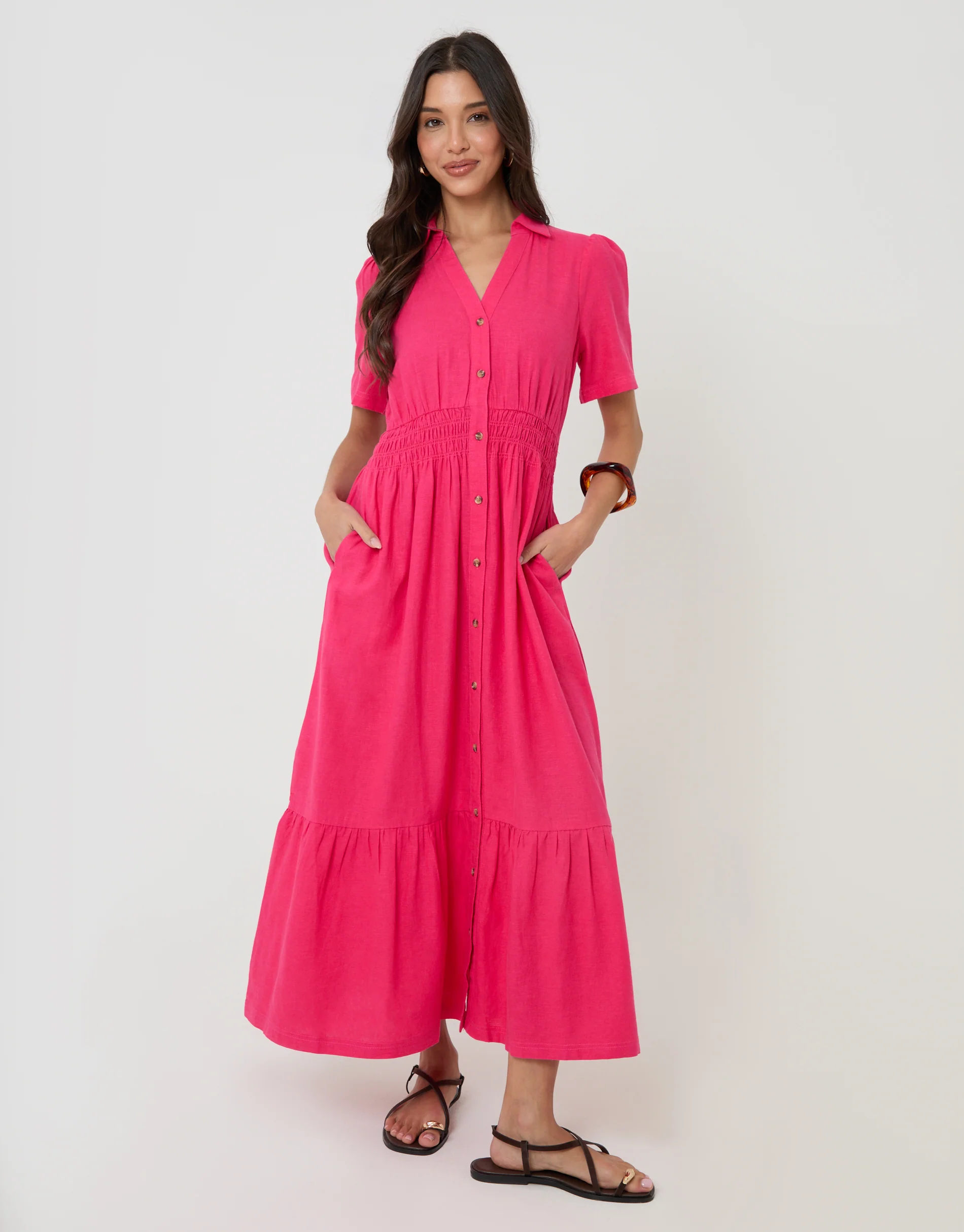 Tiered Linen Blend V Neck Maxi Dress in Pink