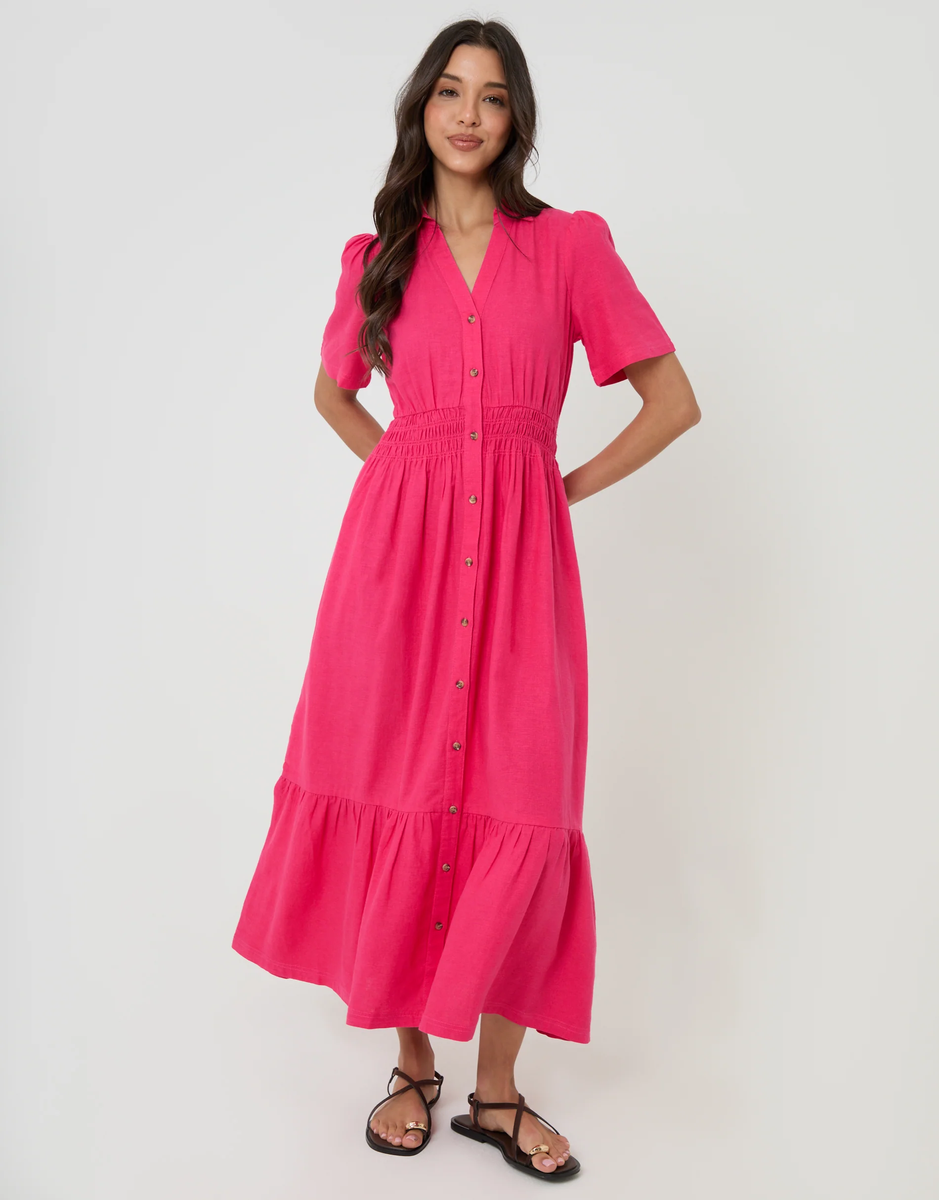 Tiered Linen Blend V Neck Maxi Dress in Pink - Image 3