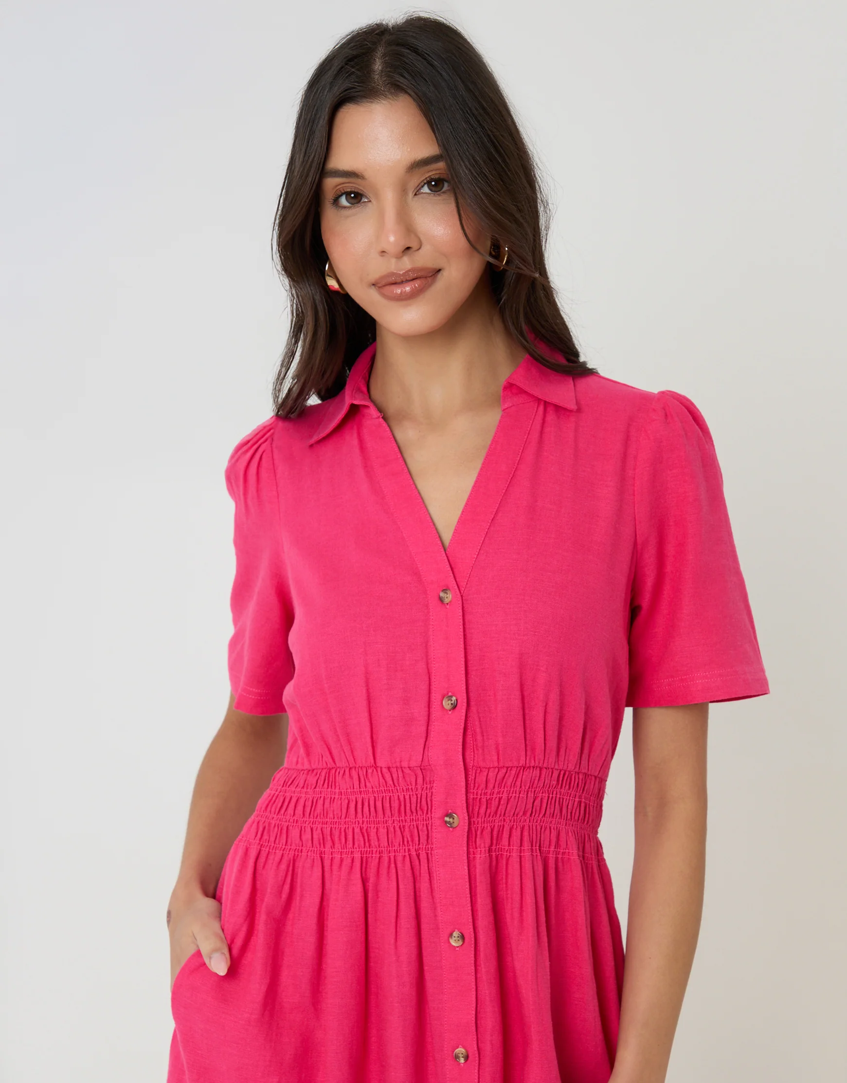 Tiered Linen Blend V Neck Maxi Dress in Pink - Image 4