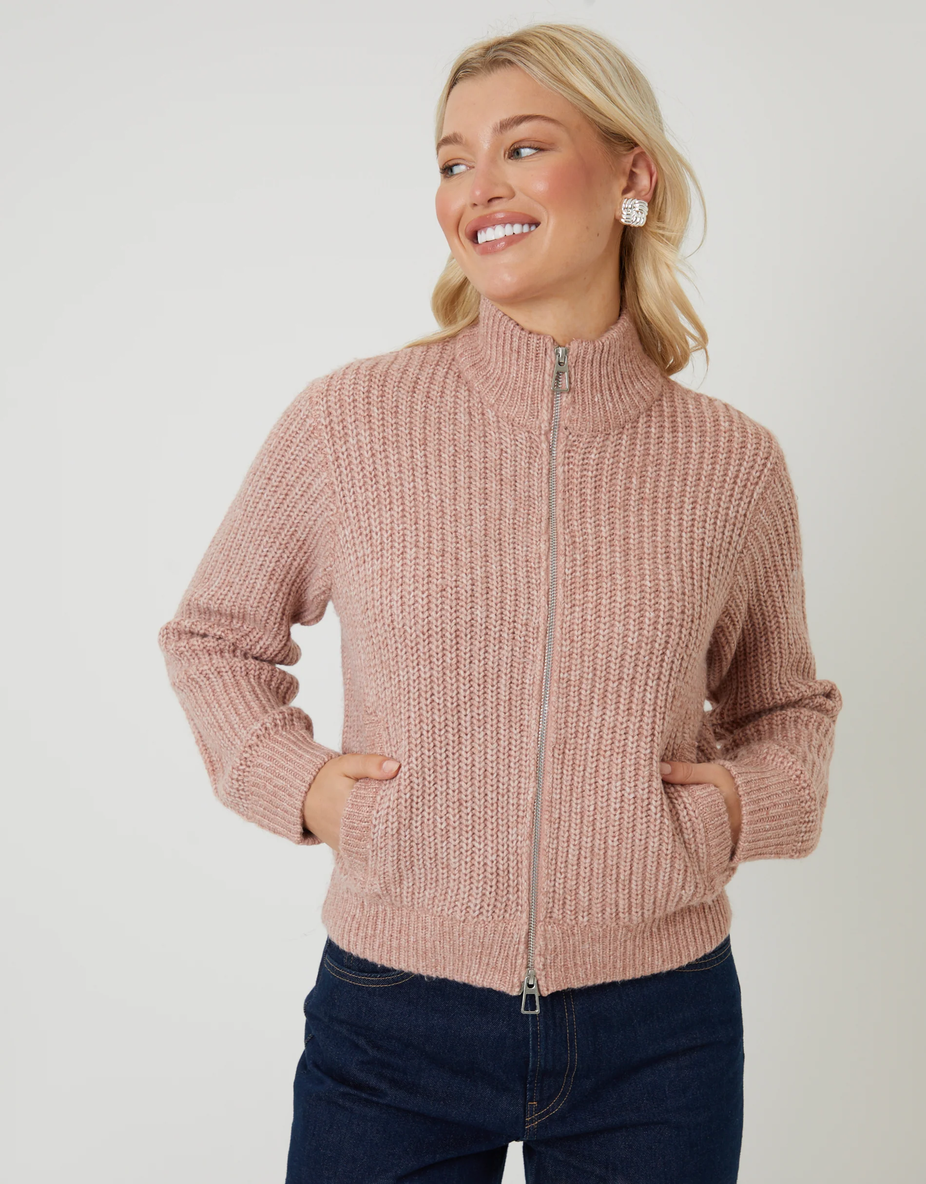Zip Through Knitted Bomber in Pink - Image 3