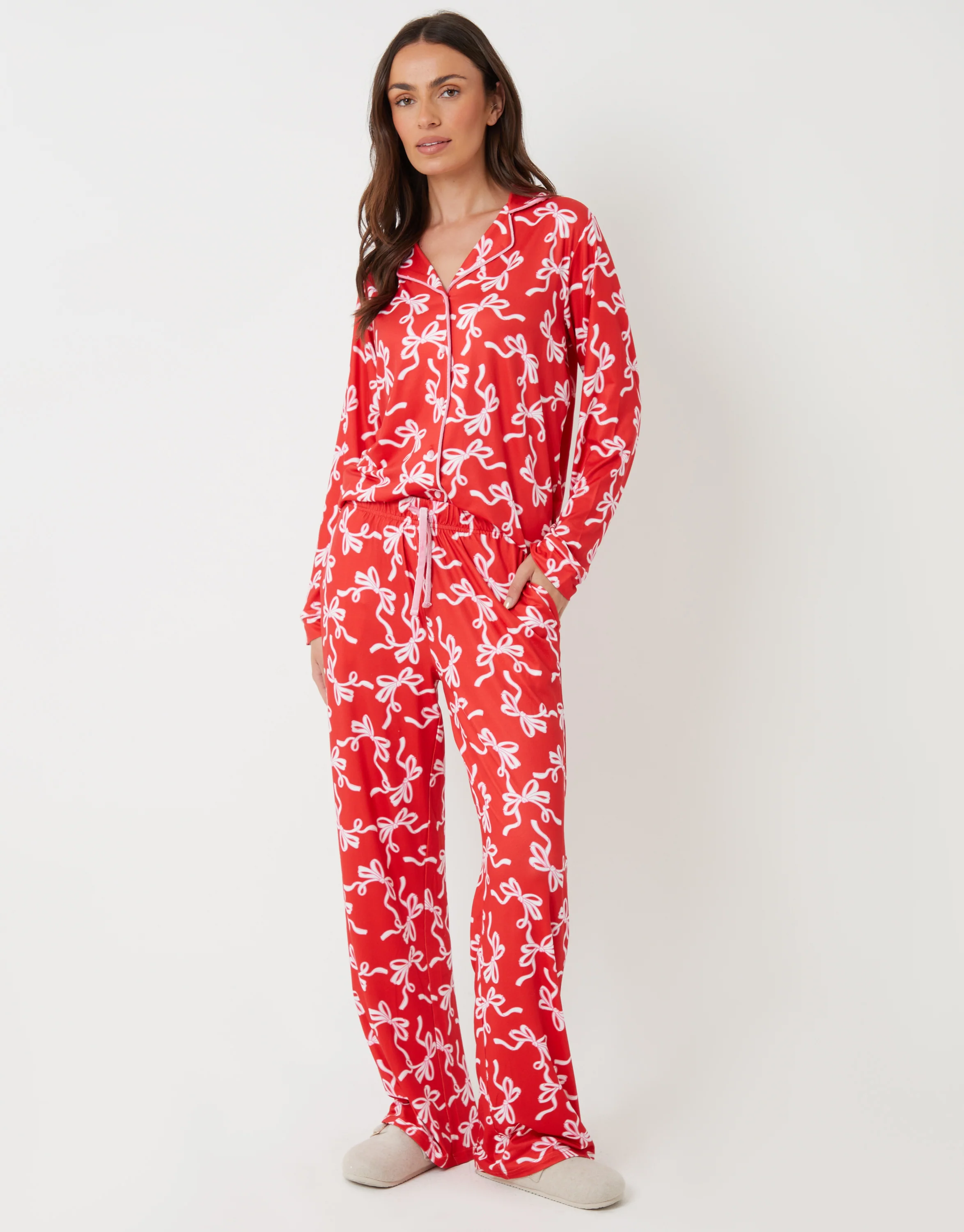 Bow Print Long Button-Through Christmas Pyjama Set in Red - Image 2
