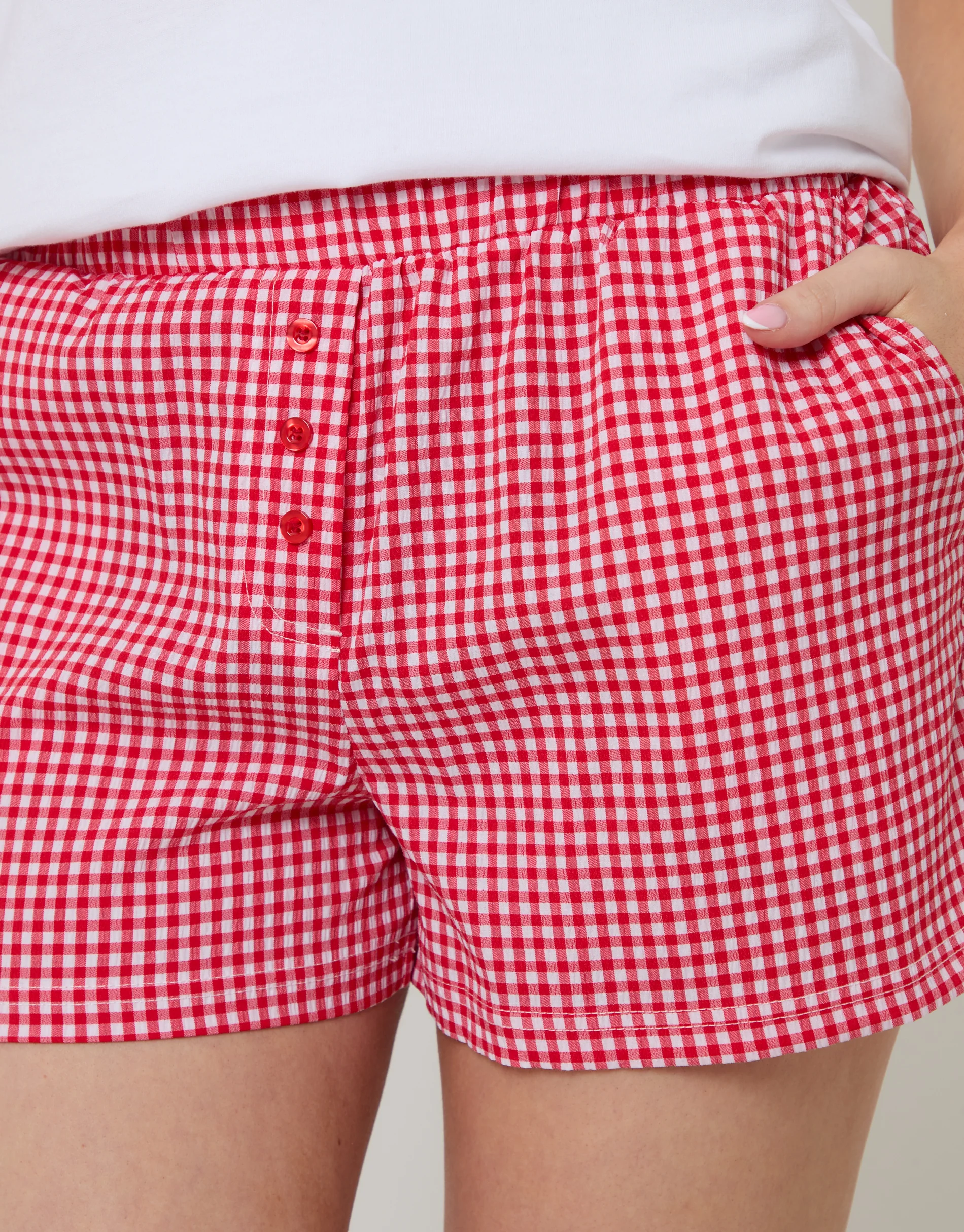Embroidered Cherry Seersucker Short Pyjama Set in Red Gingham - Image 5