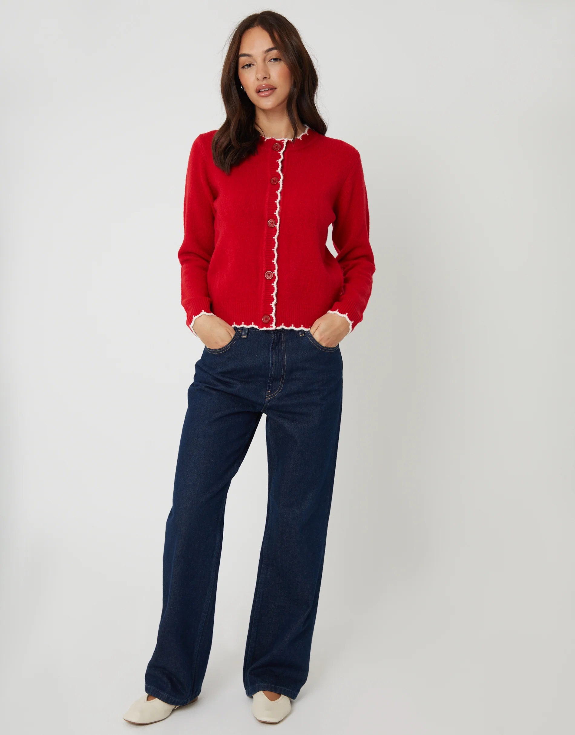 Crew Neck Scallop Trim Cardigan in Red - Image 4