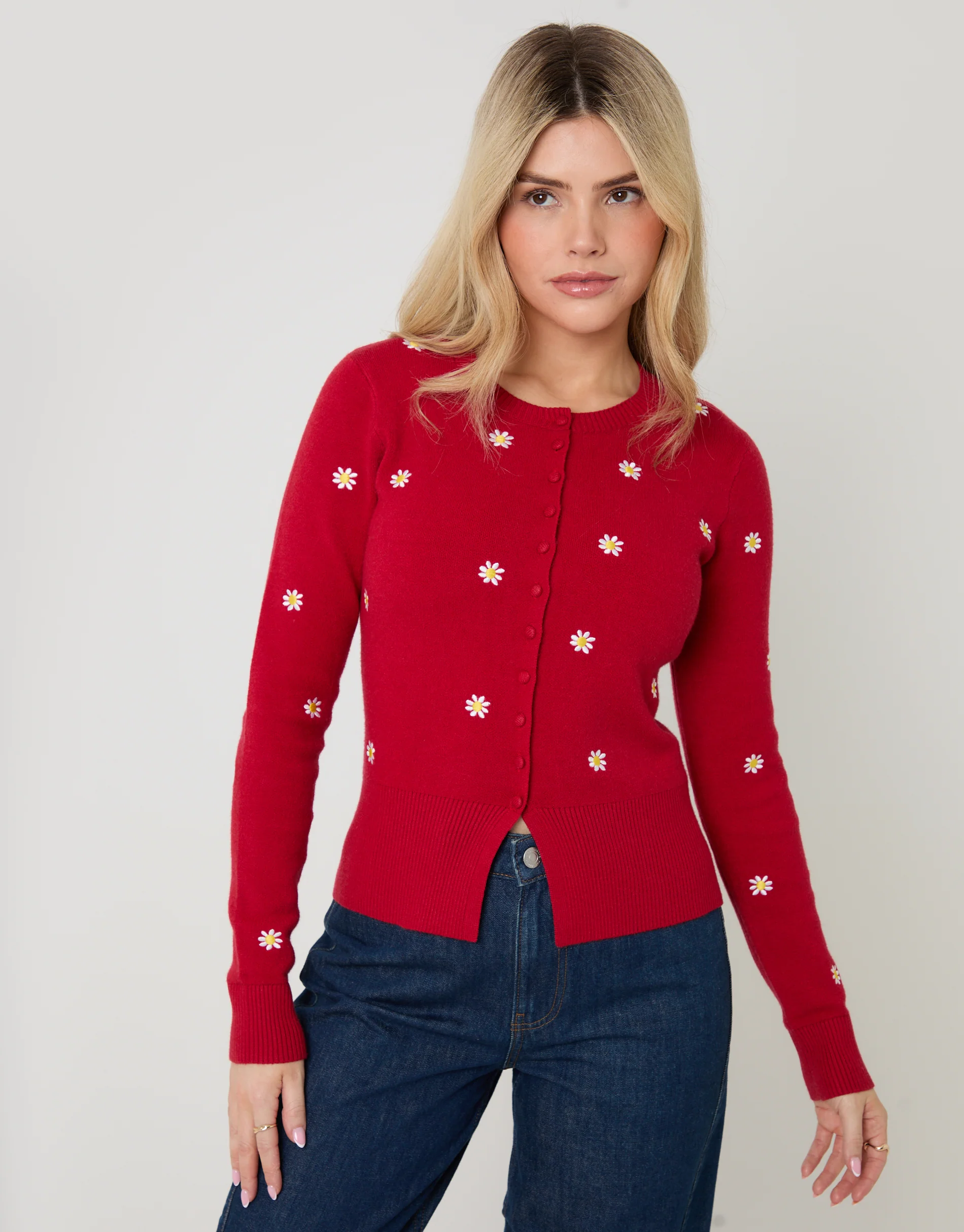 Daisy Embroidered Crew Neck Knitted Cardigan in Red - Image 3