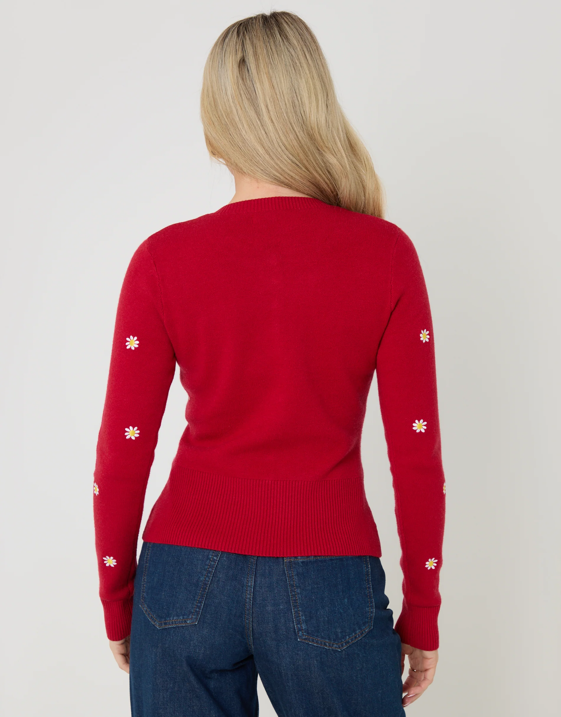 Daisy Embroidered Crew Neck Knitted Cardigan in Red - Image 4