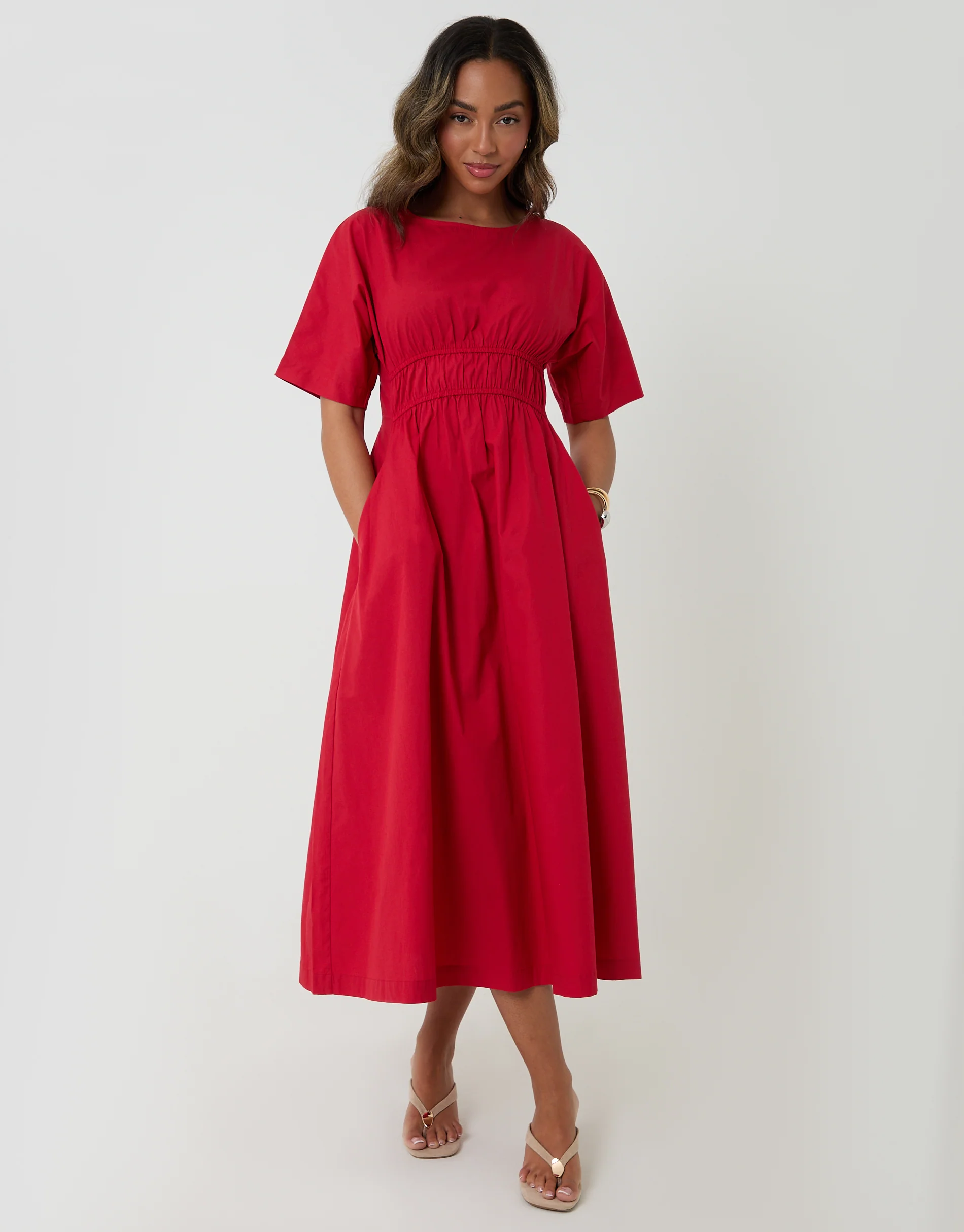 Elasticated Waist Cotton Poplin Midi Dress in Red